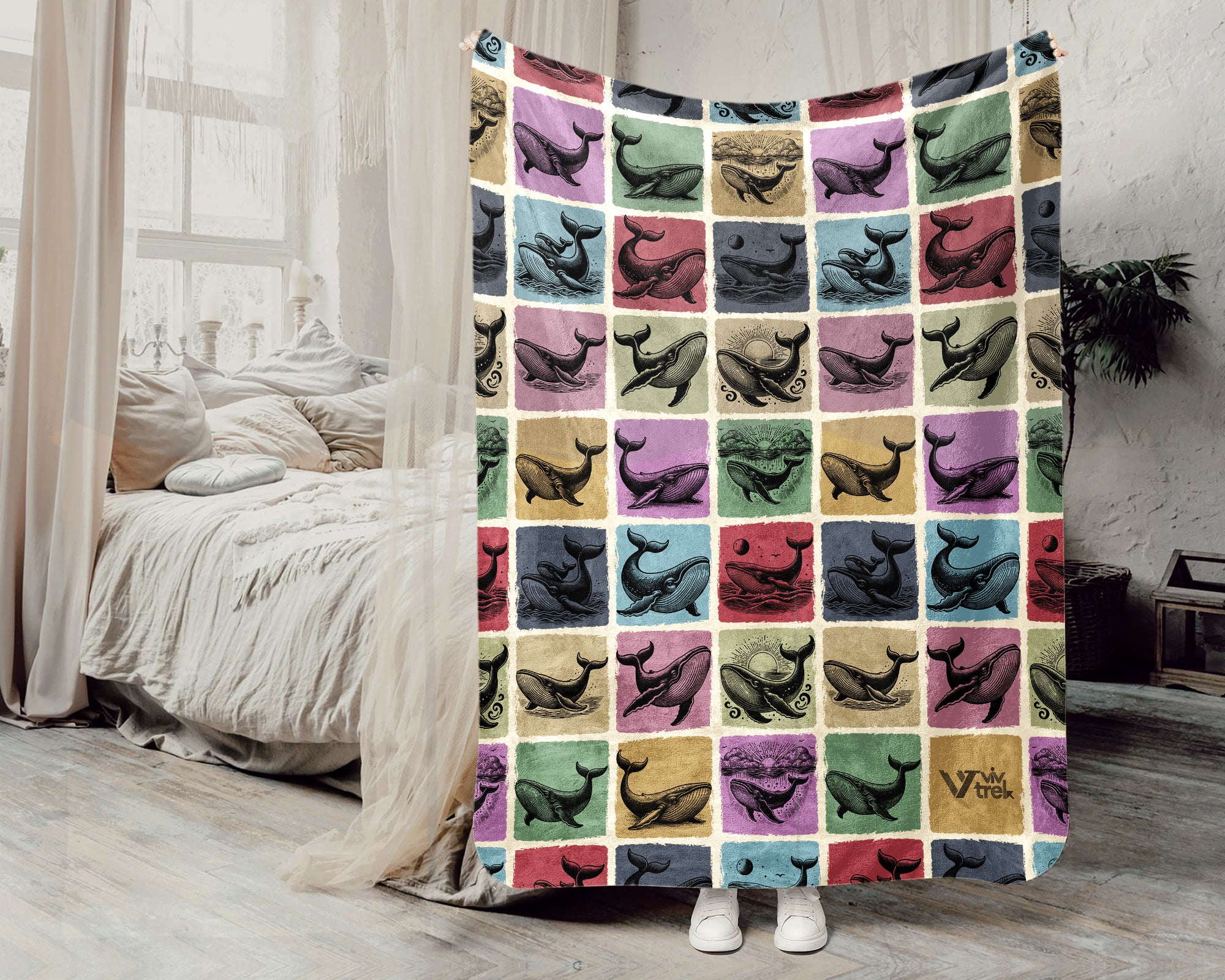 Vintage Whale Blanket Coastal Ocean Throw Cozy Marine Life Decor Nautical Inspired Gift Unique Sea Animal Home Accent