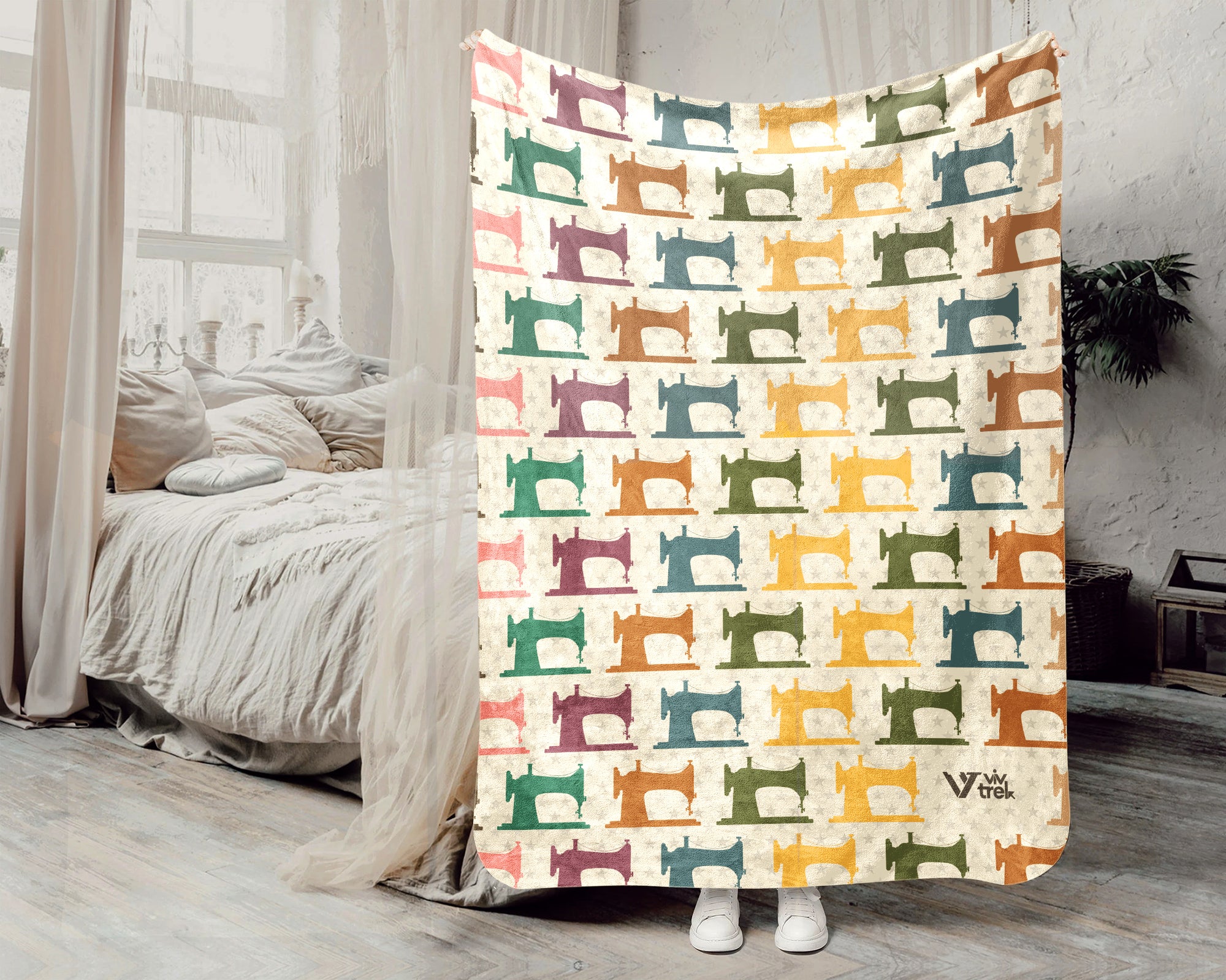 Retro Sewing Enthusiast Blanket, Vintage Crochet Stitch Throw for Cozy Quilter and Needlework Decor
