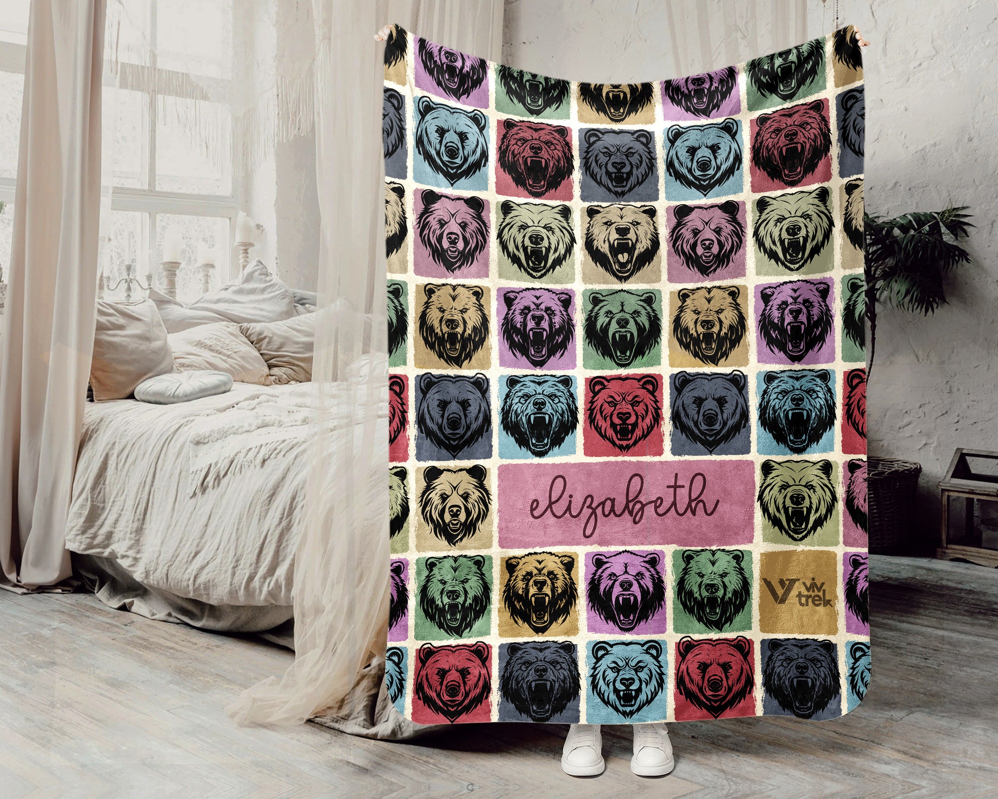 Custom Bear Blanket Personalized Name Vintage Wildlife Throw Cozy Rustic Animal Decor Unique Forest Inspired Gift Home Accent