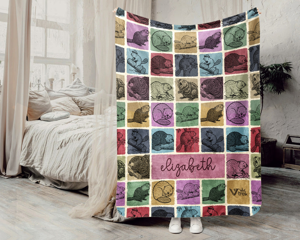 Custom Name Beaver Blanket – Personalized Woodland Animal Throw