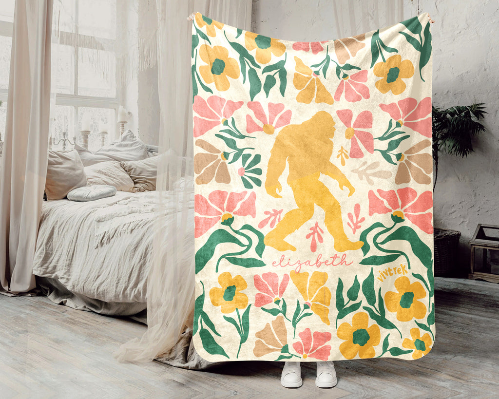 Custom Name Floral Bigfoot Blanket, Cozy Sasquatch Throw Gift for Fans