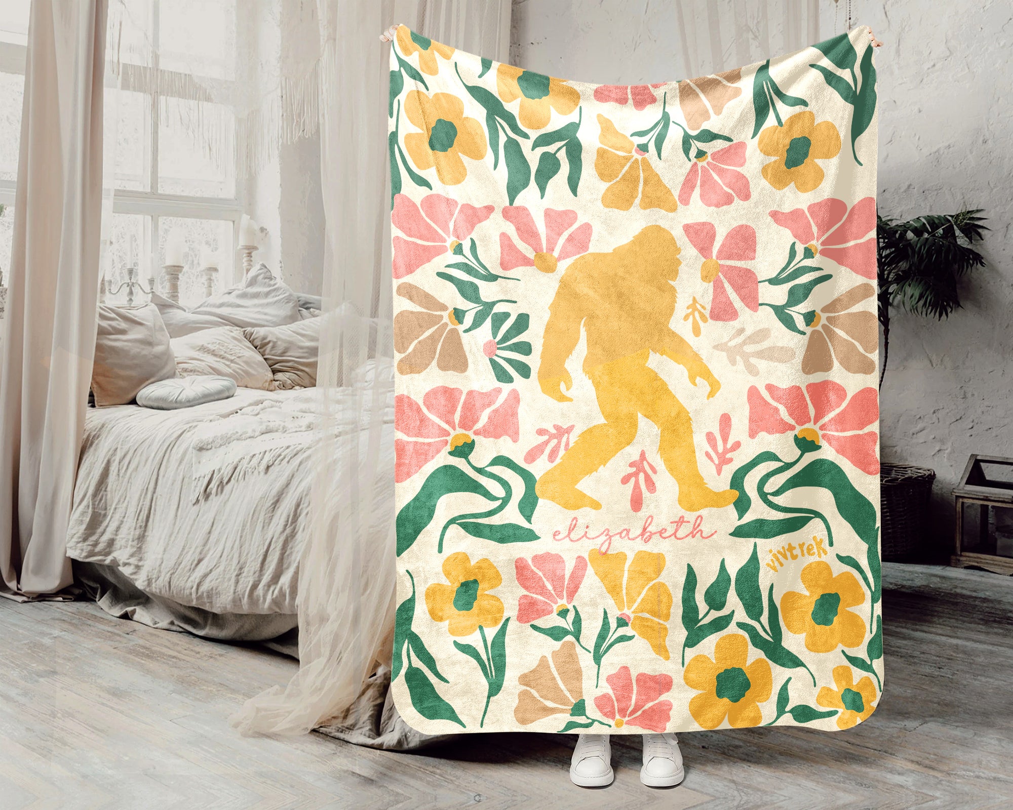 Custom Name Floral Bigfoot Blanket, Cozy Sasquatch Throw Gift for Fans
