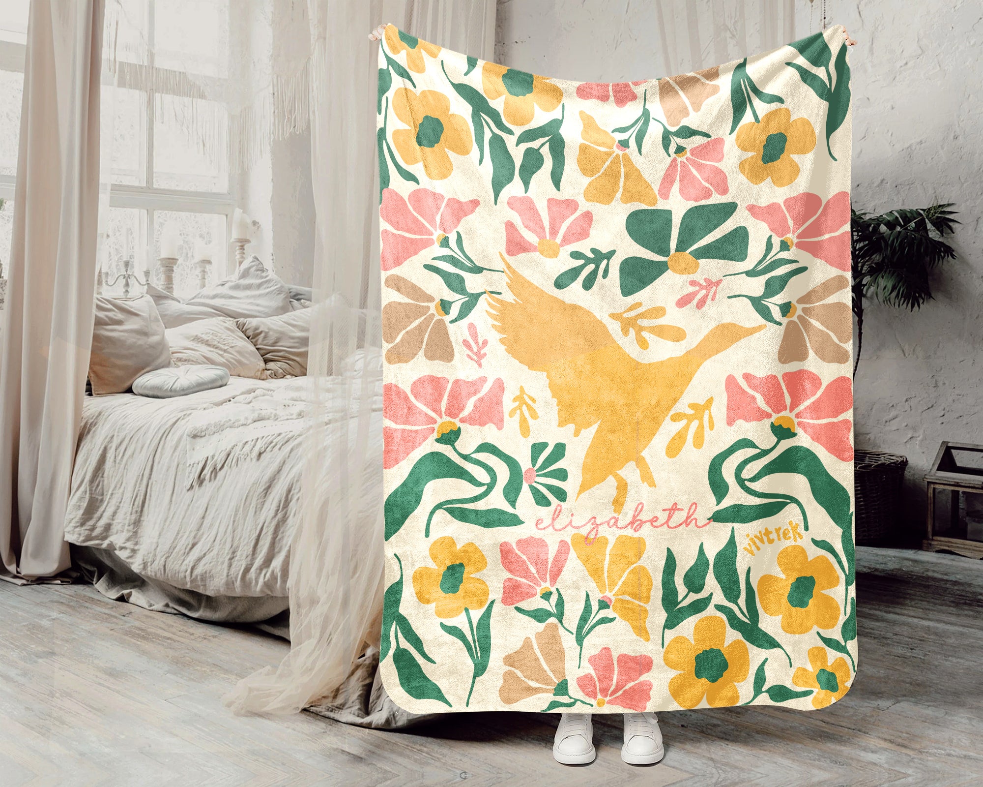 Personalized Birdwatcher Blanket with Custom Name, Wildflower Nature Throw, Cozy Bird Lover Gift for Kids Teens Adults Home Decor