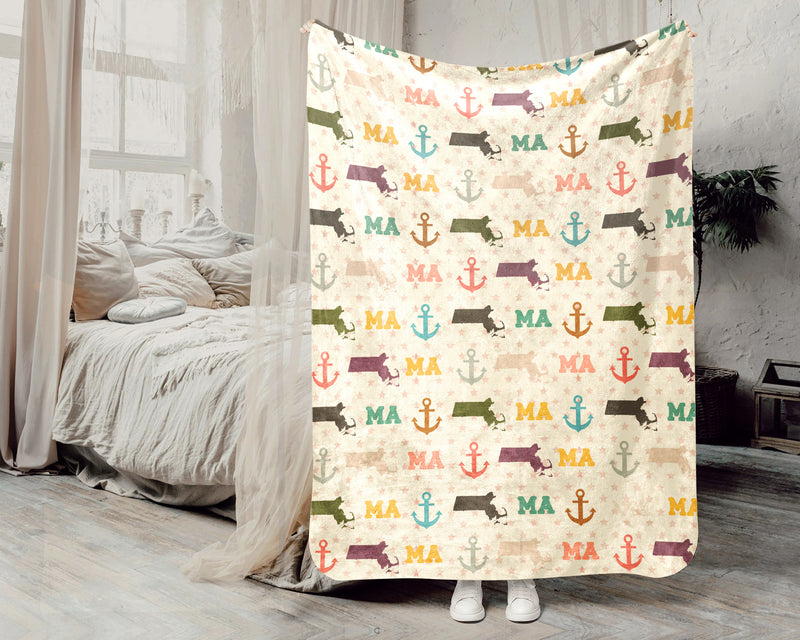 Retro Massachusetts State Blanket, Patriotic 4th of July Cozy Throw, Vintage MA Lover Fleece, American Inspired Home Decor Gift