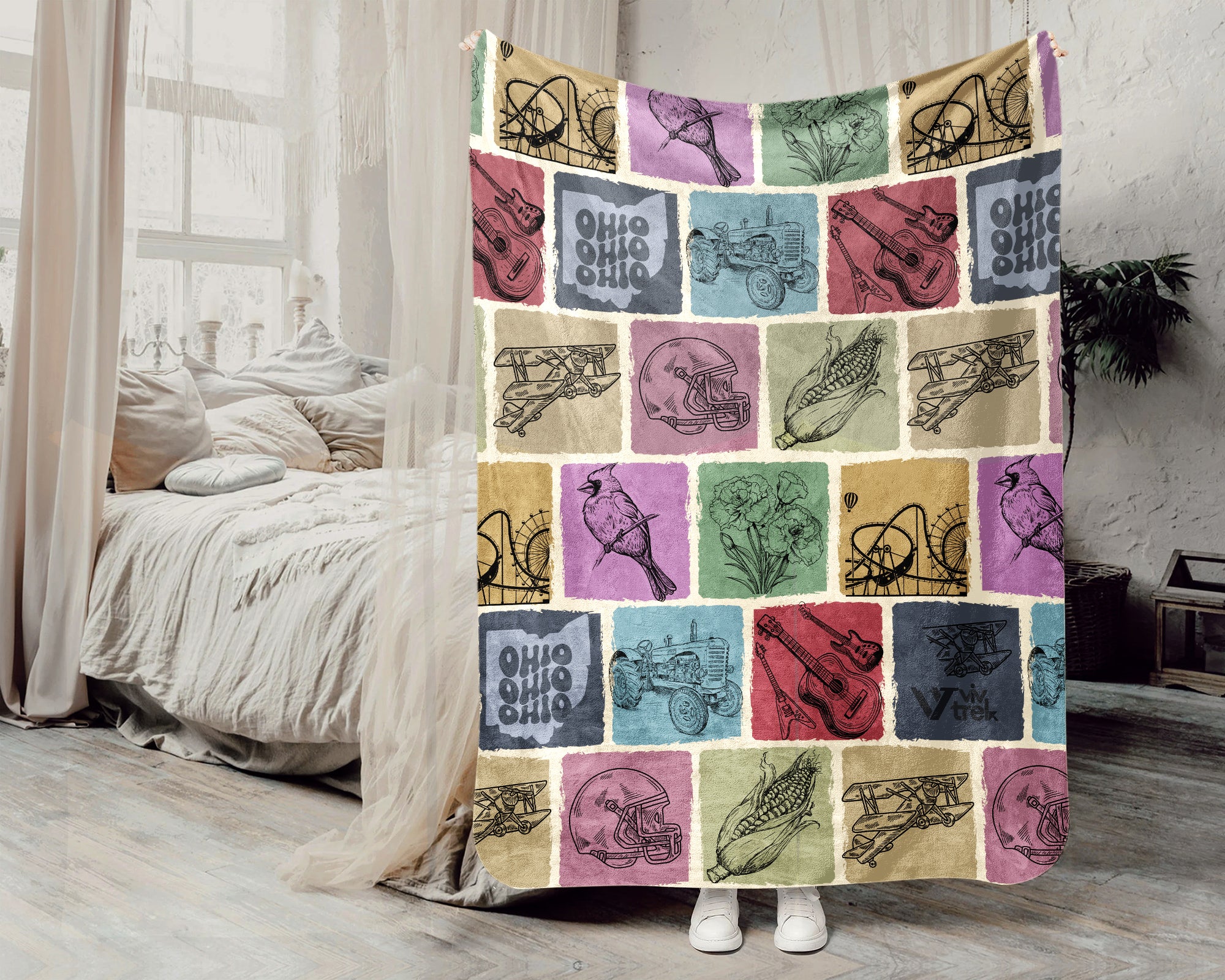 Retro Ohio Blanket, Cozy Ohio Home Decor Throw, 4th of July Patriotic Gift, Vintage OH Lover Fleece, American Flag Inspired Gift