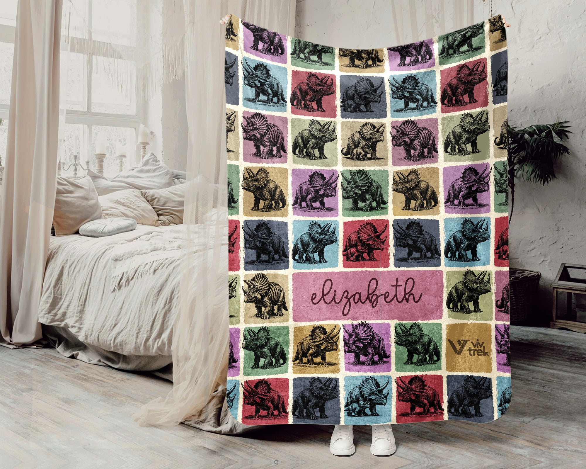 Custom Triceratops Blanket Personalized Name Vintage Dino Throw Cozy Prehistoric Animal Decor Fun Kids Gift Home Accent