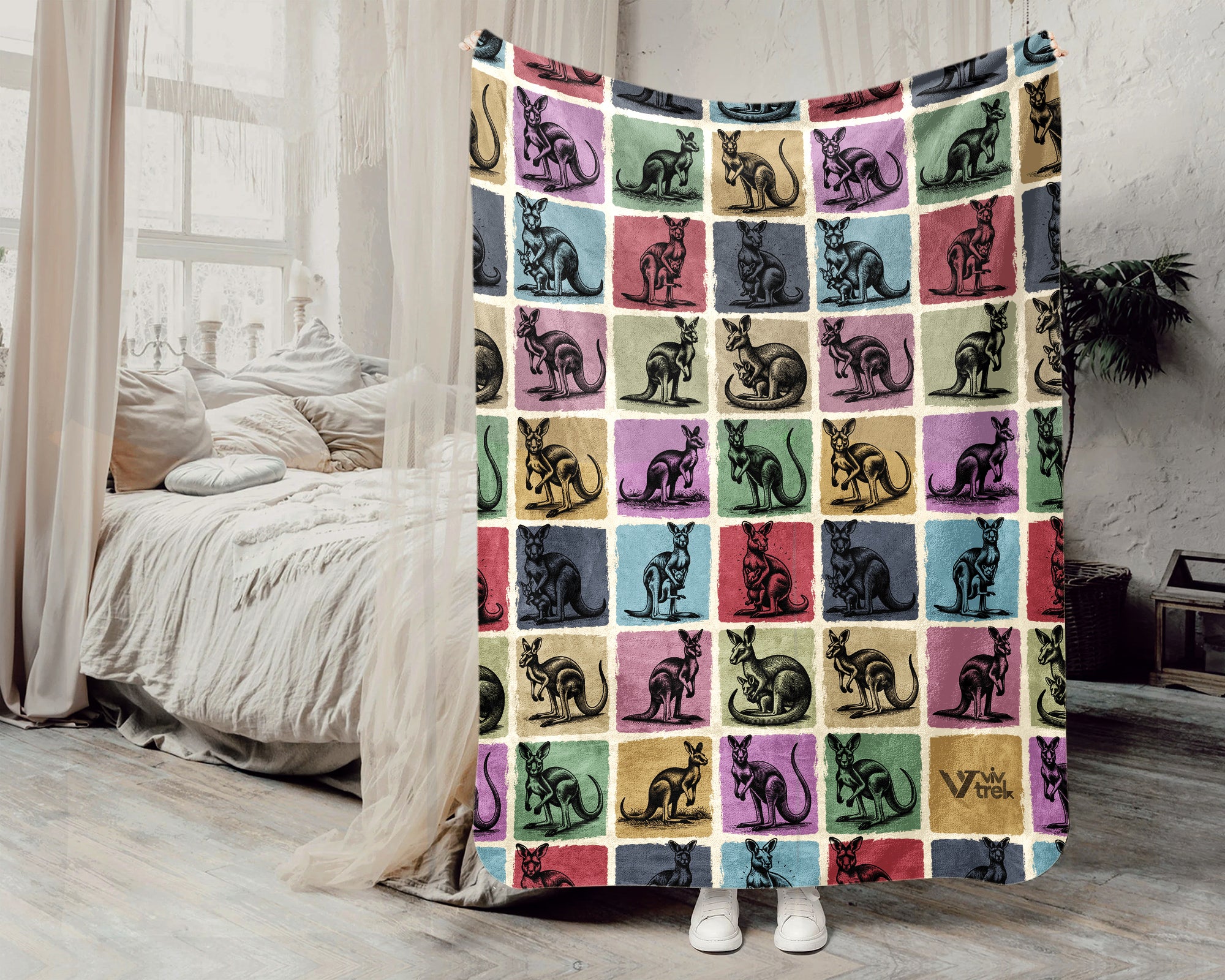 Vintage Kangaroo Blanket Australian Wildlife Throw Cozy Nature Decor Retro Animal Lover Gift Rustic Marsupial Graphic Home Accent
