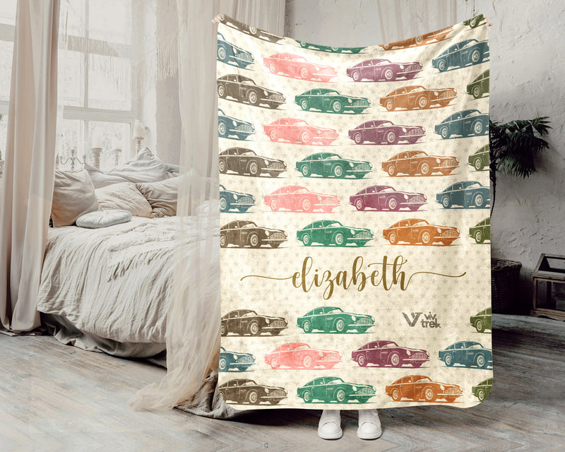 Custom Name Classic Car Blanket, Personalized Vintage Vehicle Throw, Cozy Garage Gift for Auto Enthusiasts