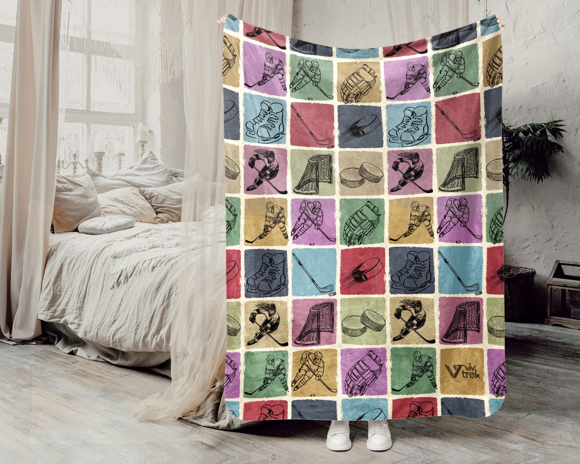 Vintage Ice Player Hockey Blanket Cozy Sports Throw for Hockey Lovers Soft Graphic Decor Unique Winter Game Gift for Home