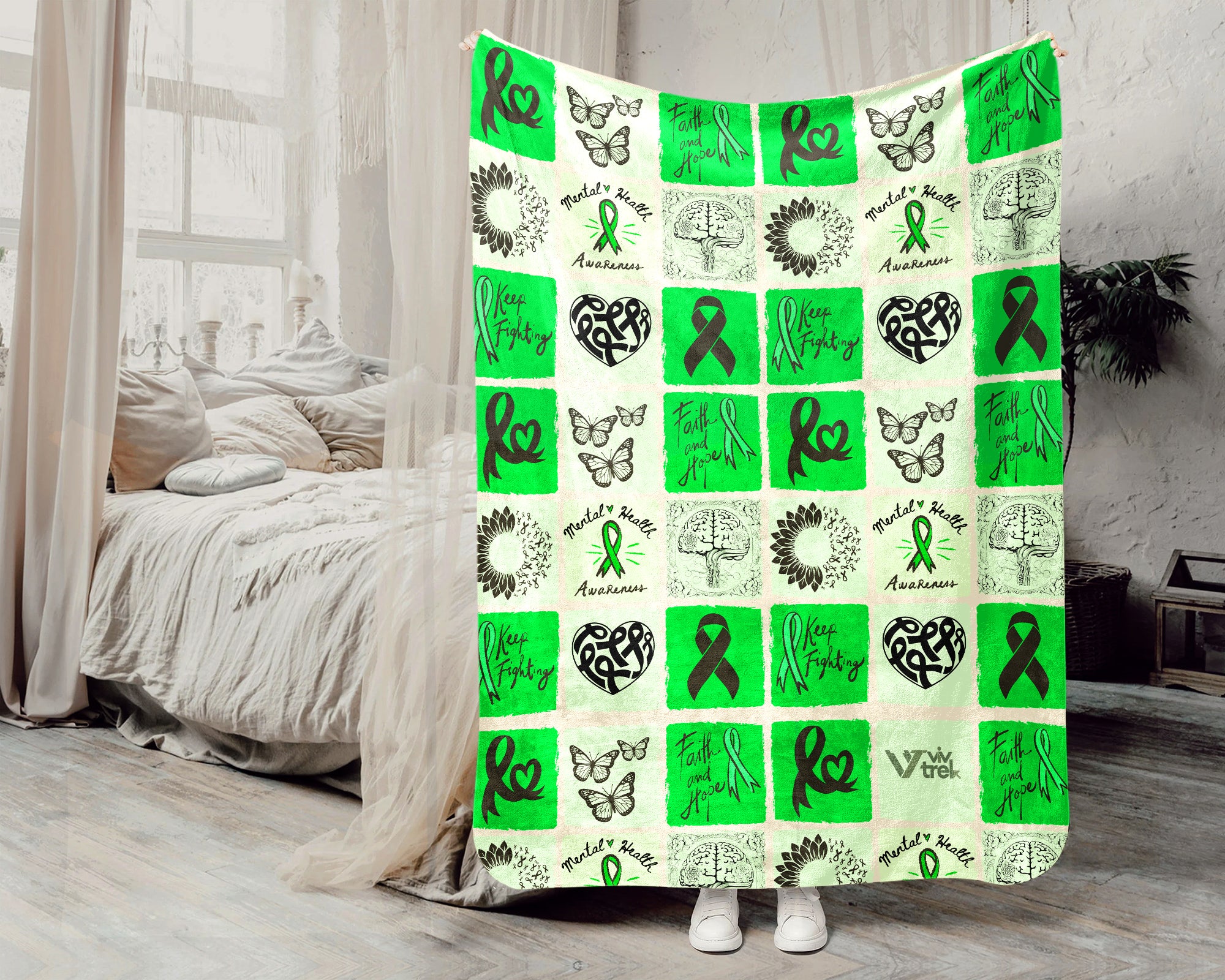 Mental Health Awareness Blanket with Green Ribbon, Cozy Wellness Throw, Thoughtful Comfort Gift for Loved Ones in May, Supportive & Inspirational, Battle Blanket