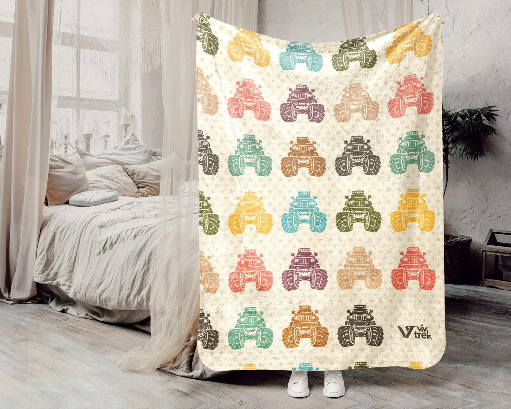 Kids Retro Monster Truck Blanket, Cozy Truck Lover Throw Gift