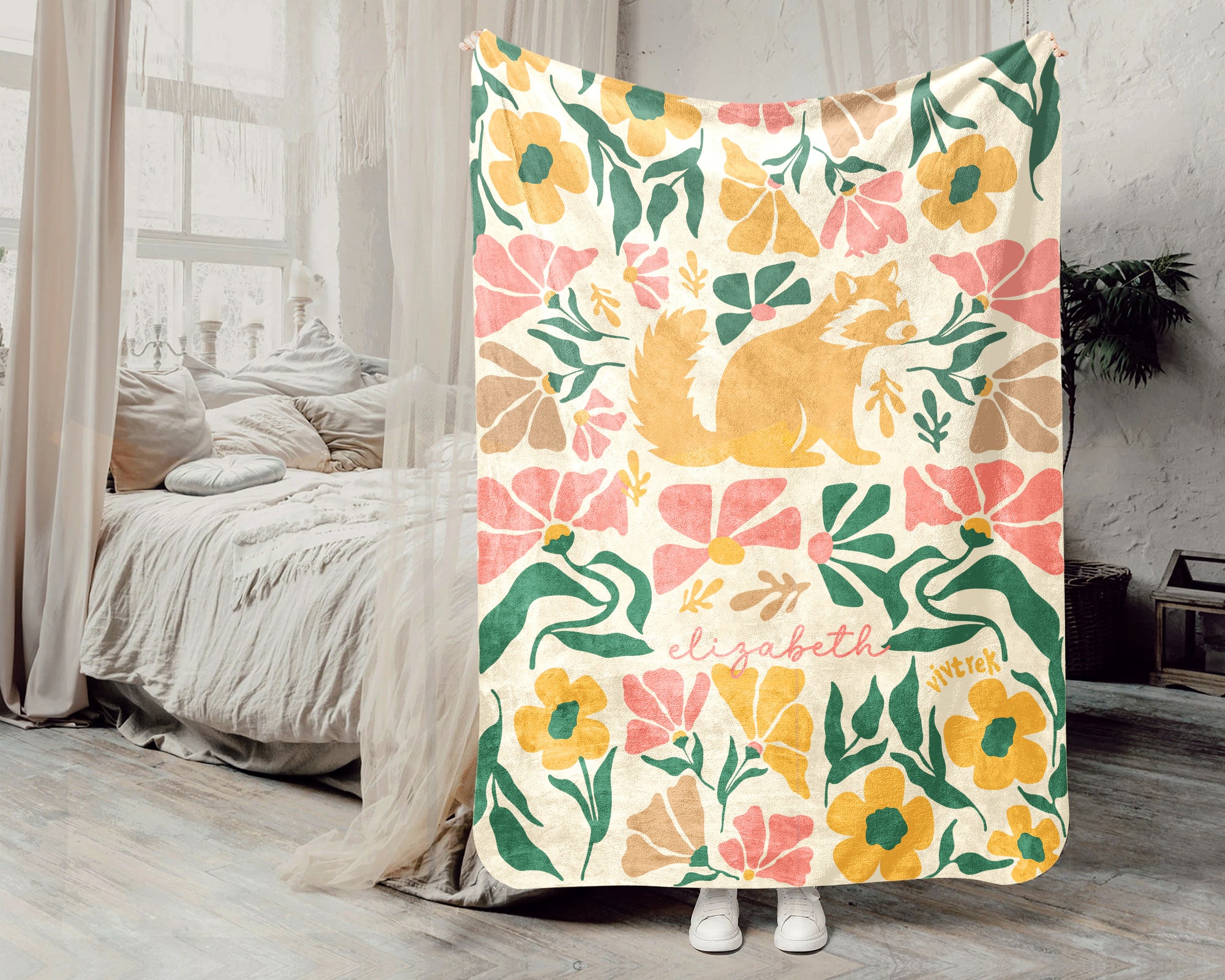 Floral  Raccoon Blanket with Custom Name, Cute Woodland Animal Gift, Cozy Floral Throw for Kids Teens Adults