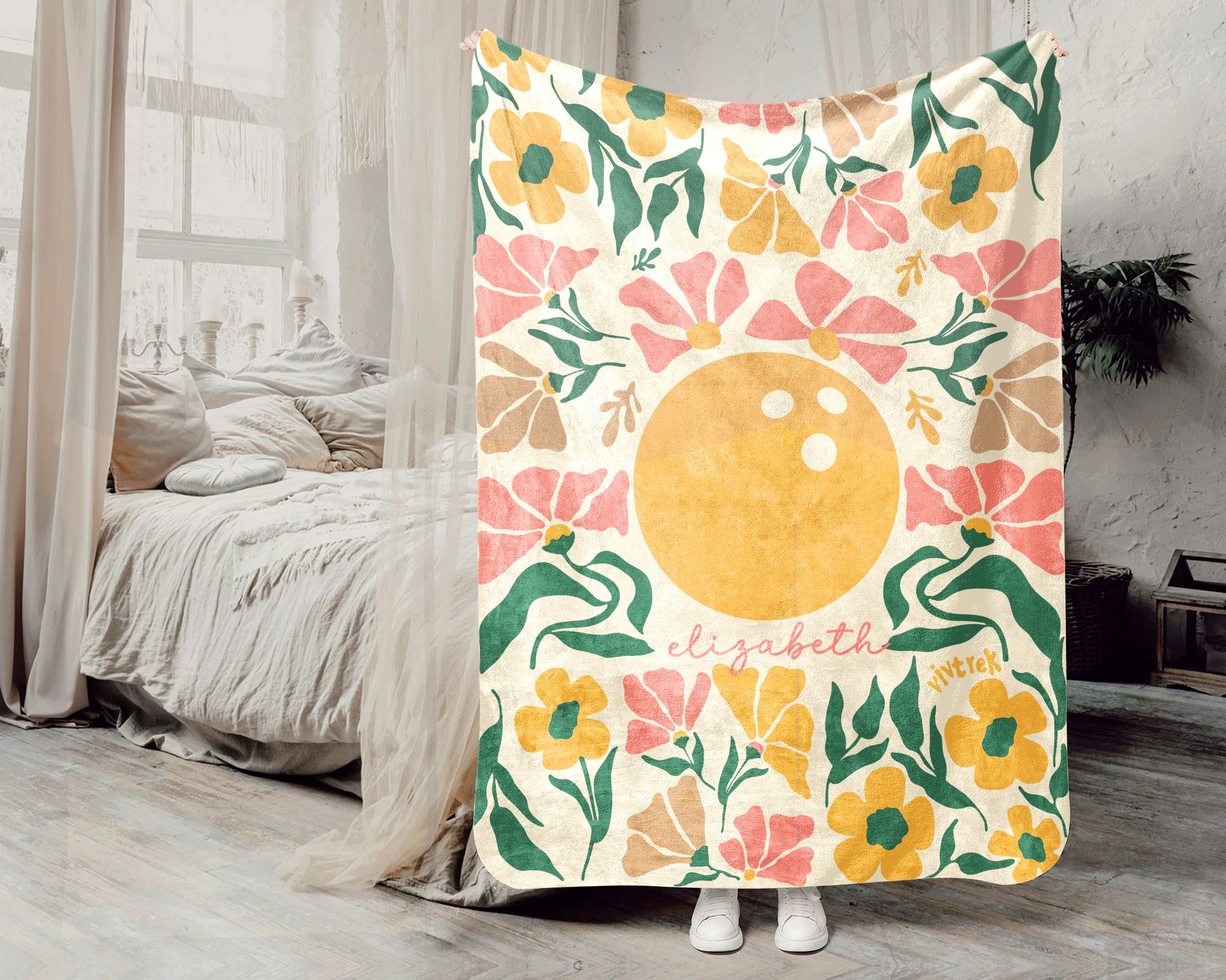 Personalized Bowling Blanket with Custom Name, Cozy Floral Bowling Throw for Kids Teens Adults, Fun Bowler Birthday Christmas Gift
