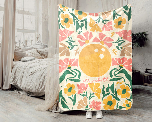 Personalized Bowling Blanket with Custom Name, Cozy Floral Bowling Throw for Kids Teens Adults, Fun Bowler Birthday Christmas Gift