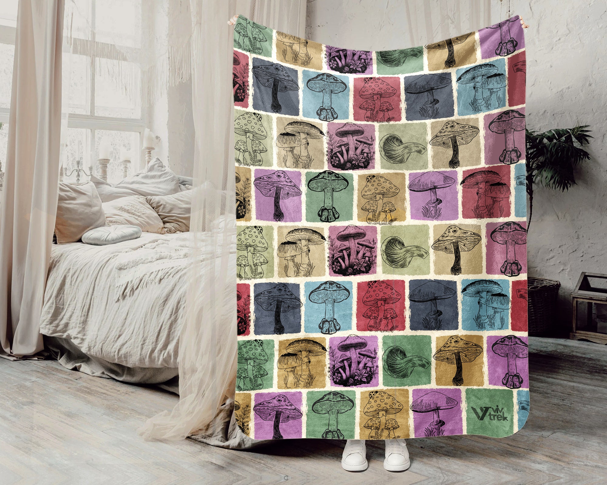 Vintage Mushroom Blanket Gift for Nature Lovers, Cozy Fungi Throw, Cottagecore Decor Accent for Bedroom and Woodland Inspired Spaces