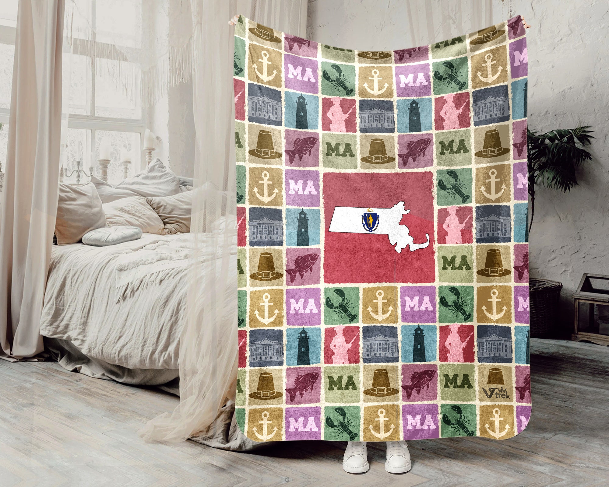 Retro Massachusetts Blanket, Patriotic 4th of July Cozy Throw, Vintage MA Lover Fleece, American Inspired Home Decor Gift