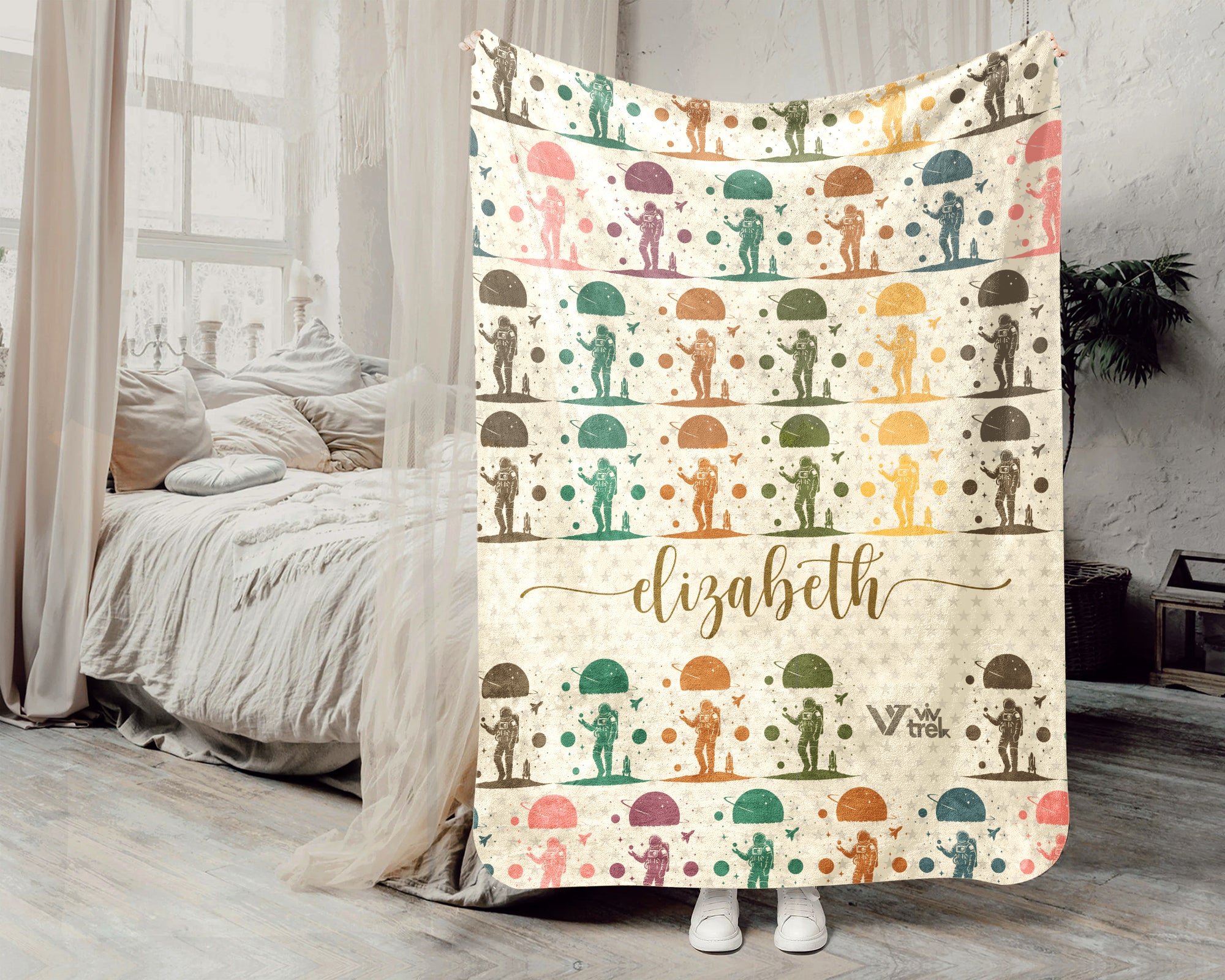 Custom Name Retro Space Blanket, Personalized Astronomy Galaxy Throw for Planet Rocket Star Adventure Lovers Decor
