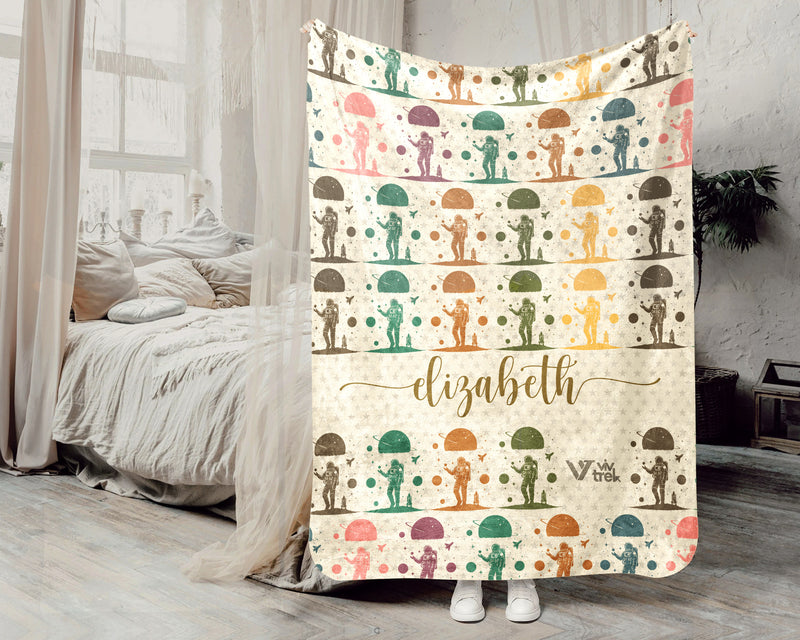 Custom Name Retro Space Blanket, Personalized Astronomy Galaxy Throw for Planet Rocket Star Adventure Lovers Decor