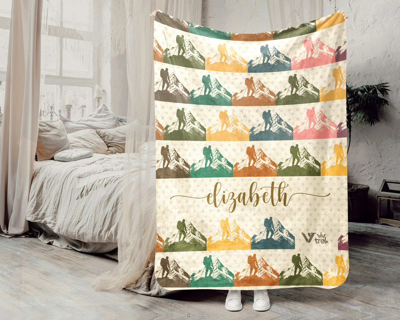 Custom Name Hiking Throw Blanket, Vintage Outdoor Adventure Gift for Campers, Nature Inspired Cozy Decor