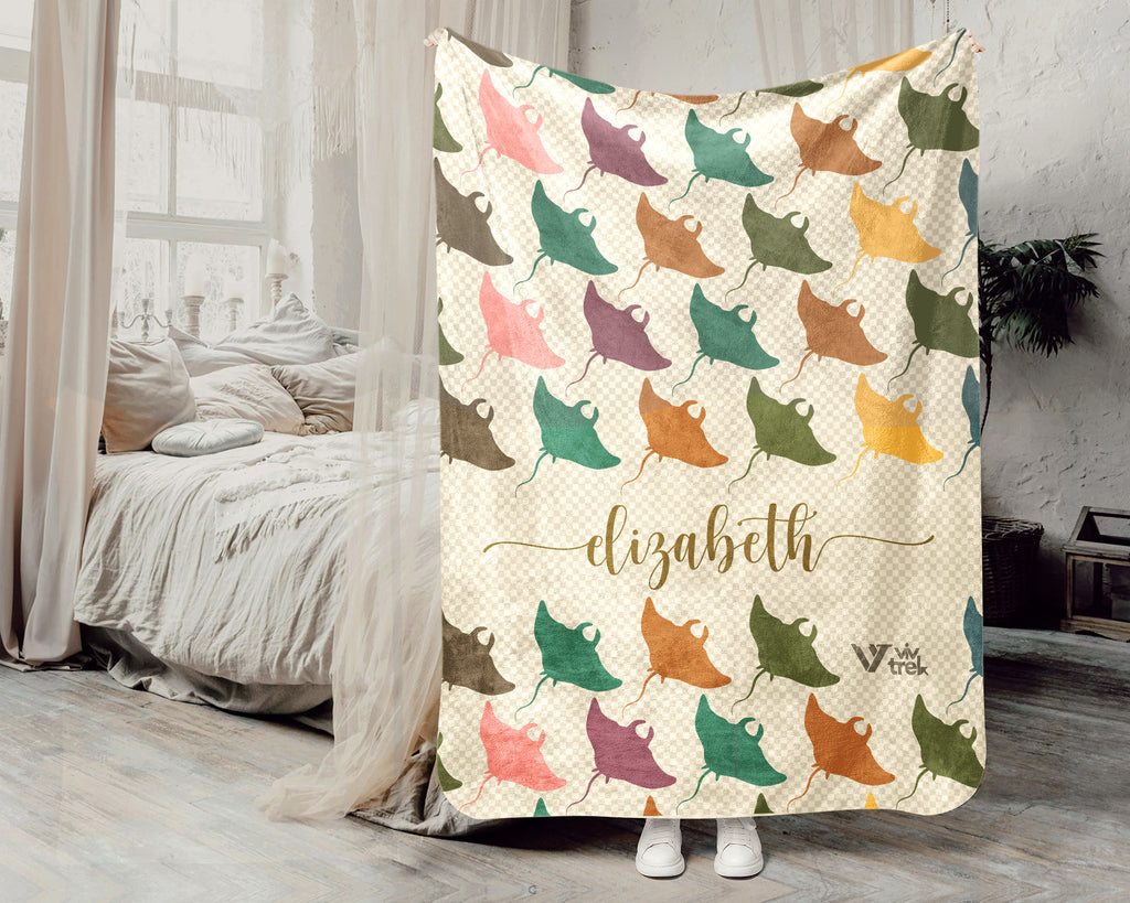 Custom Name Stingray Blanket, Cozy Retro Ocean Throw for Sea Life Lovers