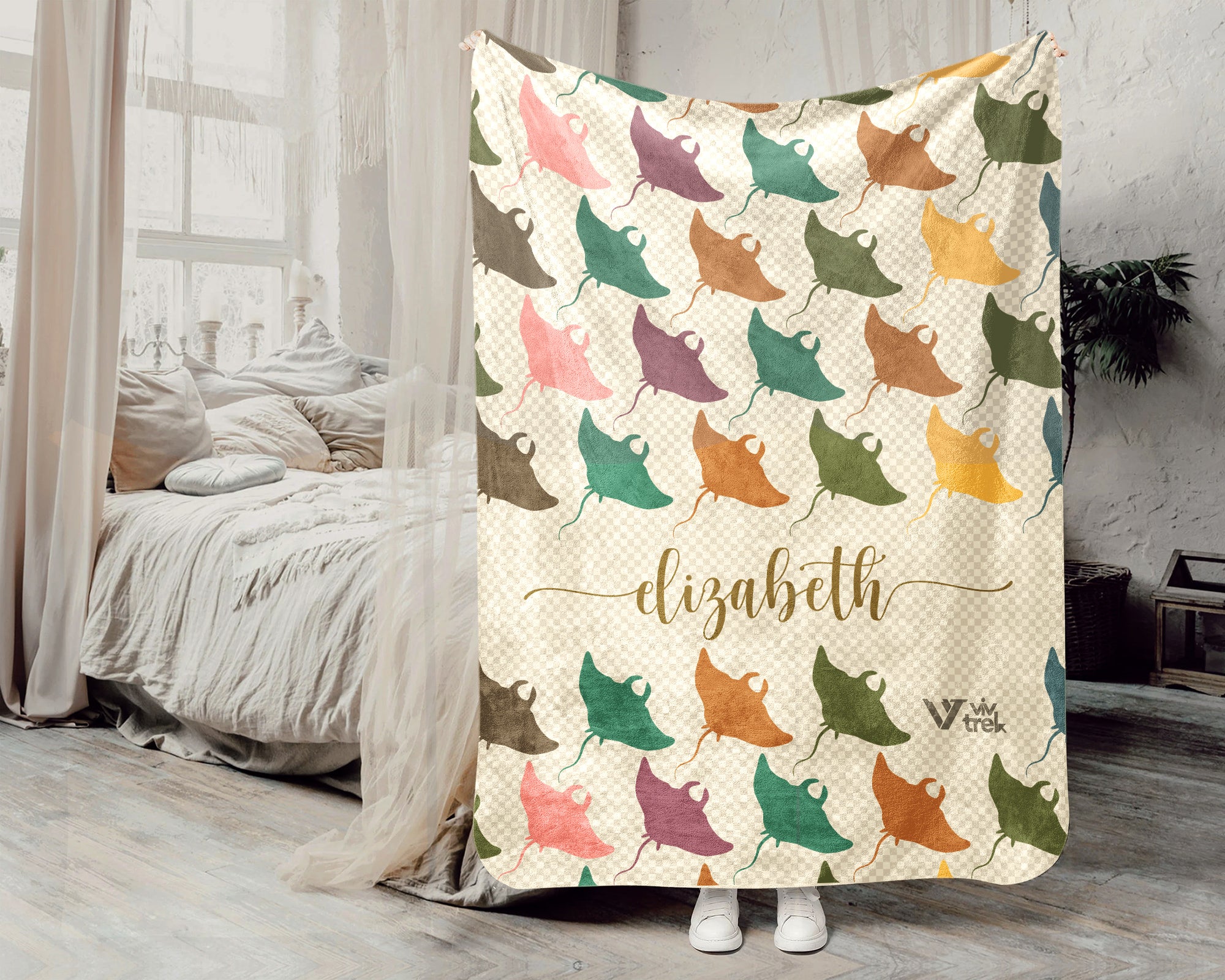Custom Name Stingray Blanket, Cozy Retro Ocean Throw for Sea Life Lovers