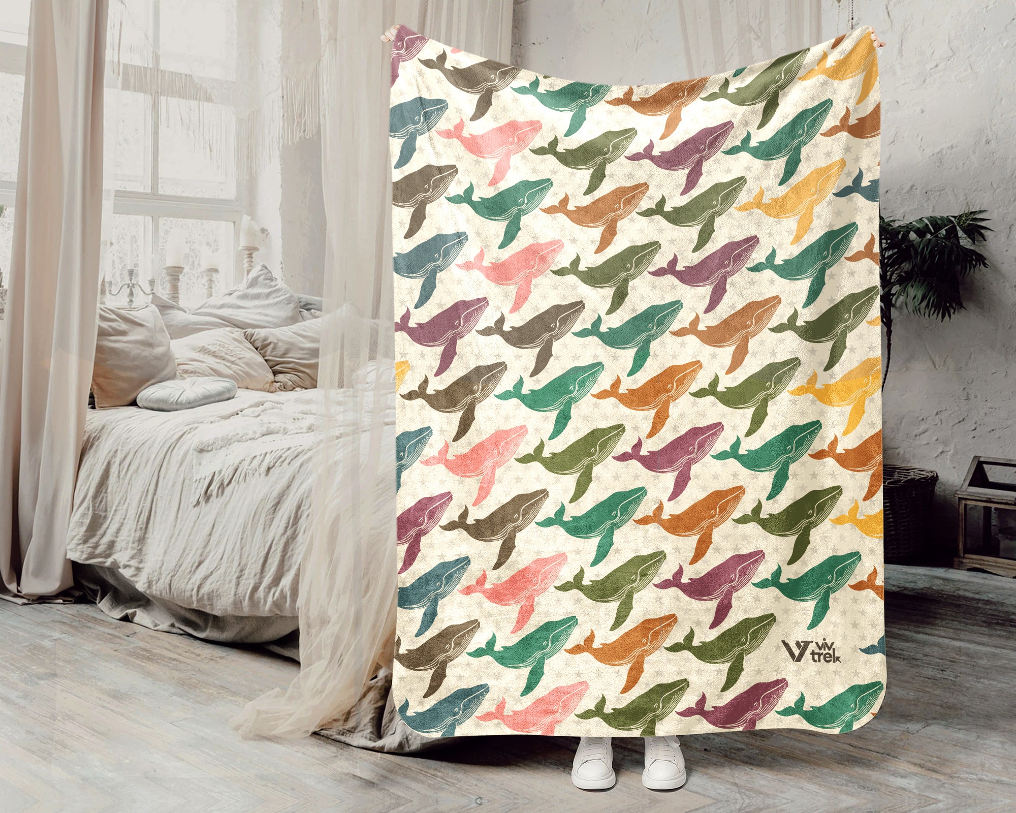 Retro Whale Blanket Coastal Ocean Throw Vintage Marine Life Decor Cozy Sea Animal Gift Nautical Graphic Unique Home Accent