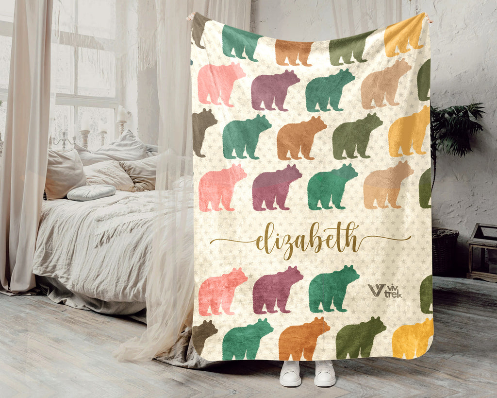 Personalized Bear Blanket Custom Name Wildlife Throw Retro Animal Graphic Cozy Rustic Home Decor Unique Nature Inspired Gift