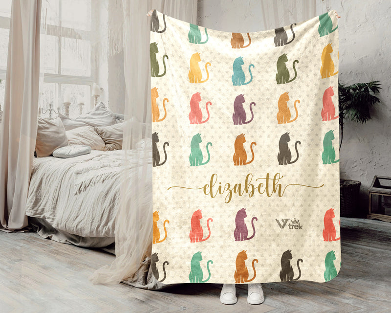 Personalized Cat Lover Blanket Custom Name Kitty Vintage Throw Cute Kitten Gift Cozy Feline Graphic Retro Pet Home Decor Soft Throw Sofa Bed