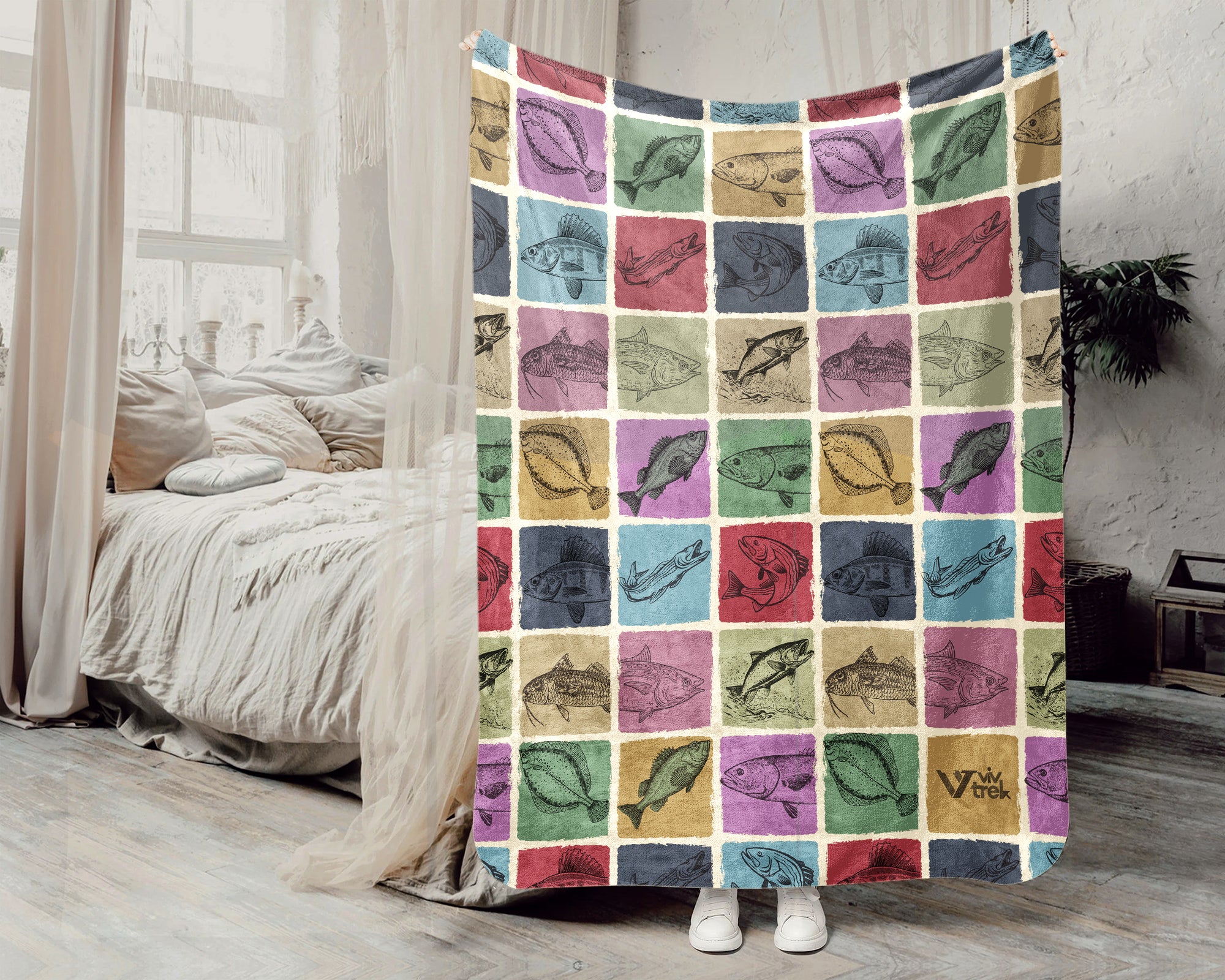 Vintage Fishing Lover Blanket for Anglers, Cozy Fish Throw Gift for Fisherman Dad and Rustic Lake Cabin Decor