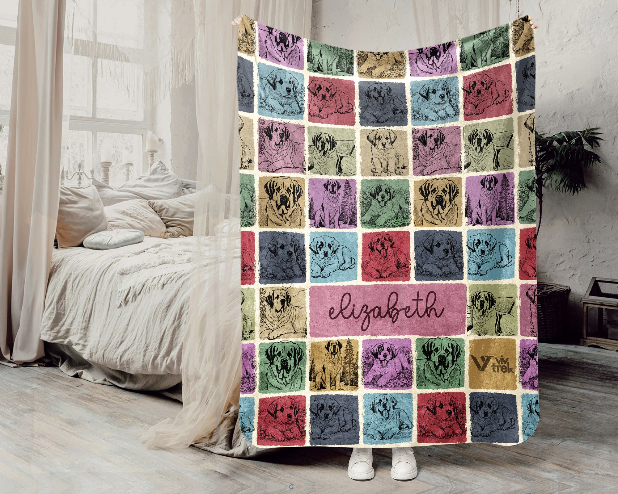 Custom Name St Bernard Dog Blanket Personalized Retro Puppy Throw Cozy Canine Gift Vintage Dog Lover Blanket for Home Decor