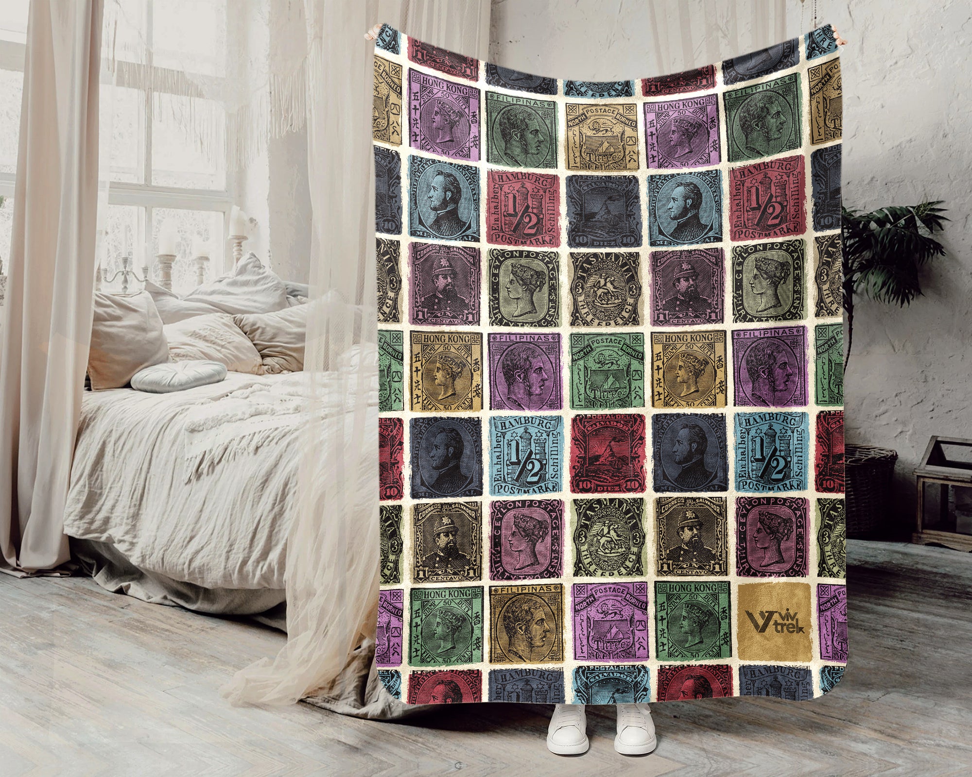 Vintage Stamp Collector Blanket, Retro Philately Throw for Cozy Hobby Decor and Postage Gift Lovers