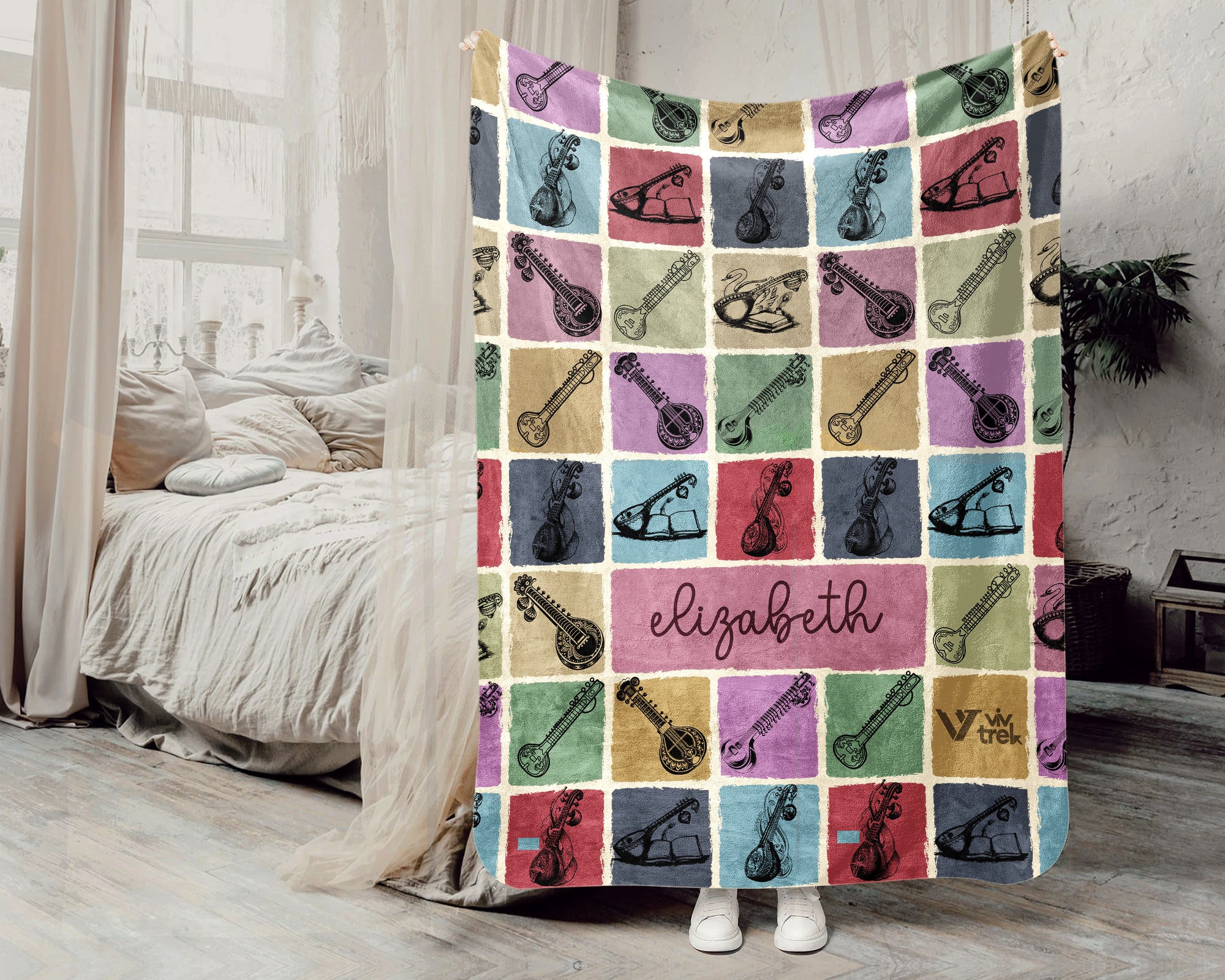 Custom Sitar Blanket Personalized Name Vintage Music Throw Cozy Musician Gift Instrument Inspired Home Decor Unique Accent