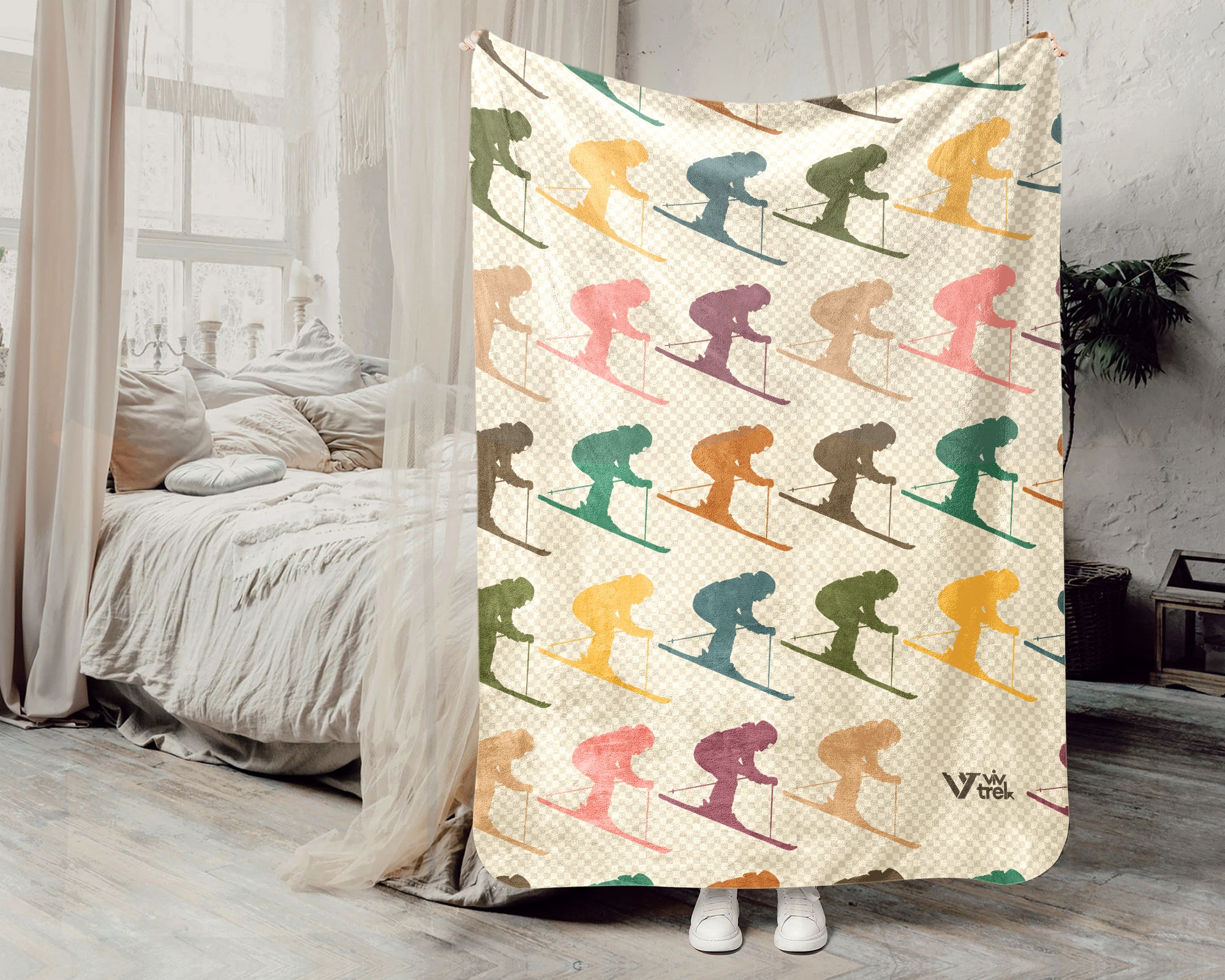 Retro Sking Lover Blanket Cozy Winter Sports Throw Warm Alpine Decor Unique Skier Gift for Snow Adventure Fans