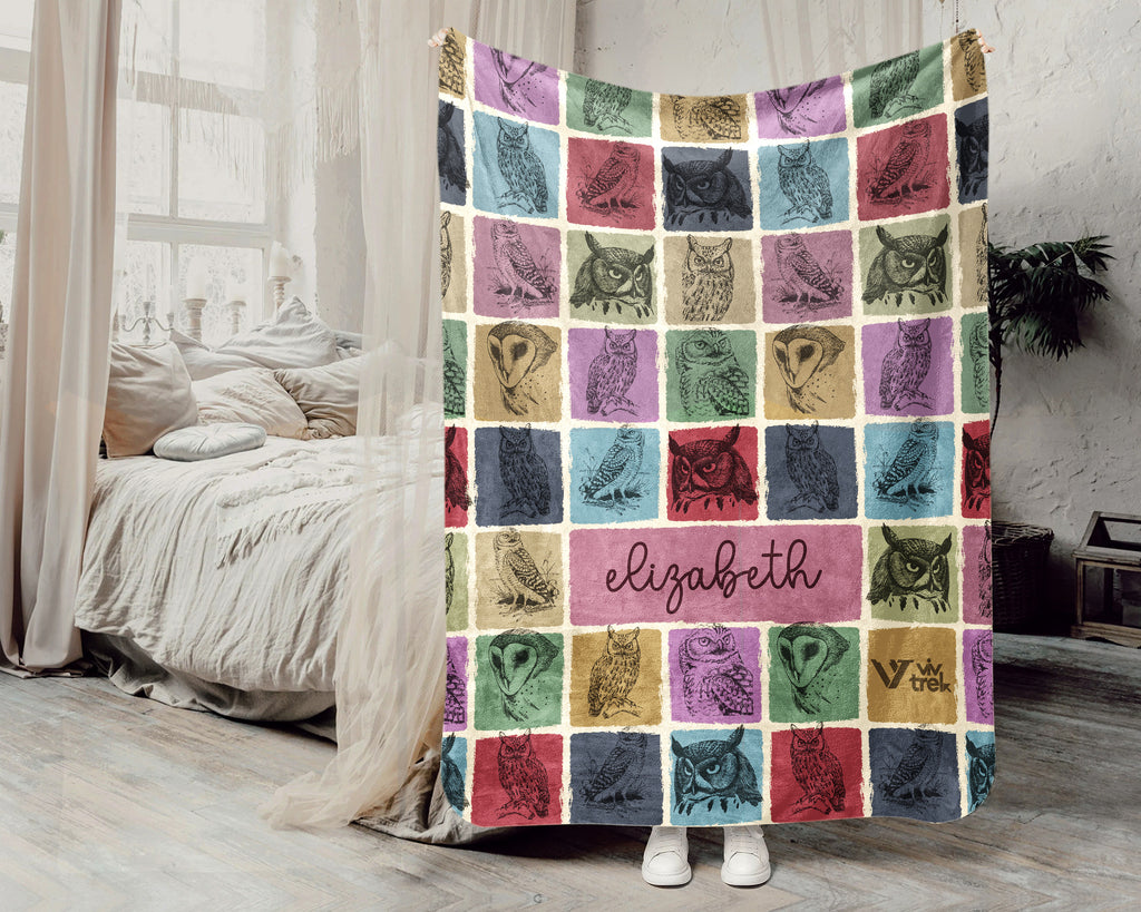 Custom Owl Lover Blanket Personalized Name Retro Bird Throw Cozy Forest Animal Fleece Gift Rustic Wildlife Home Decor Accent Piece