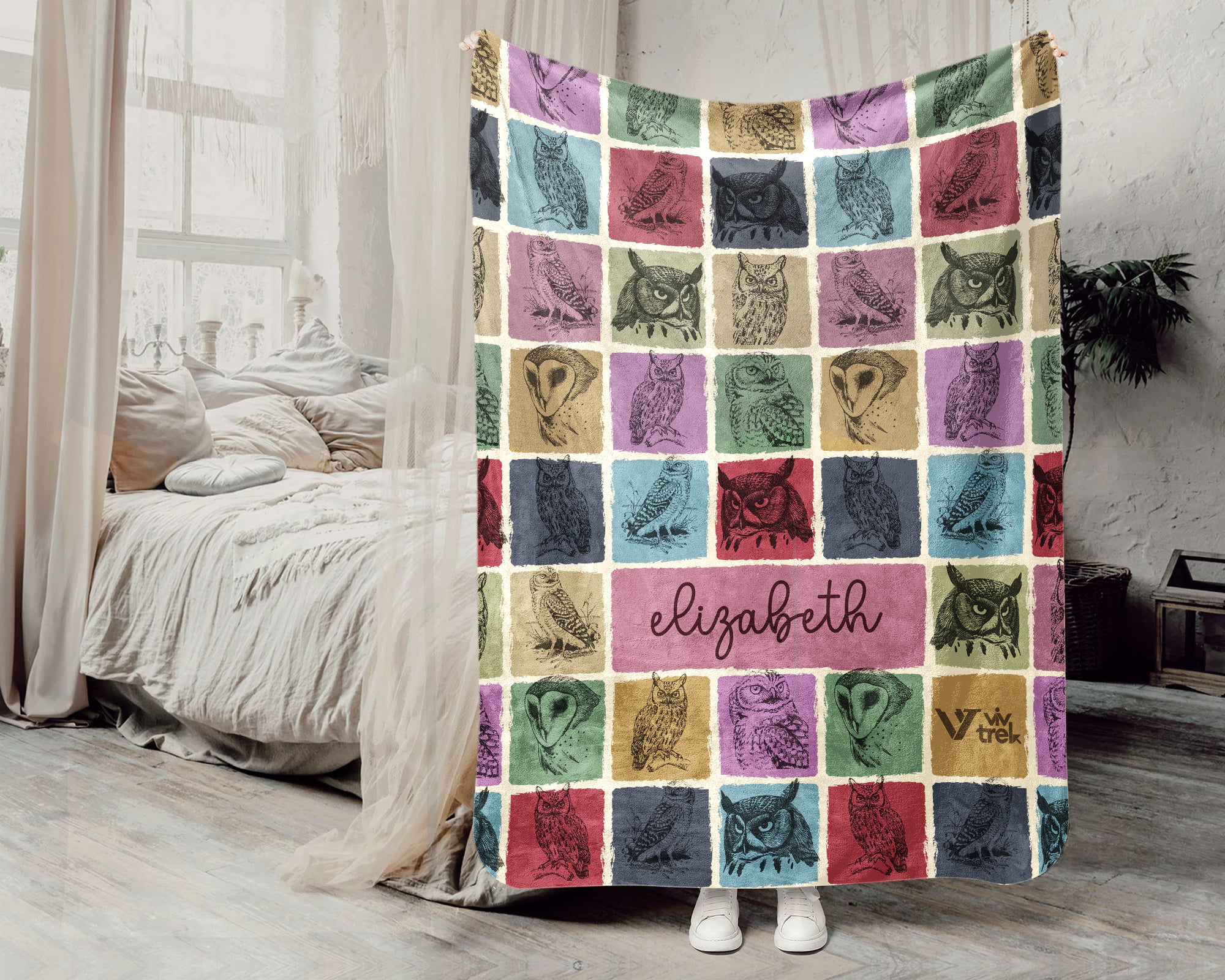 Custom Owl Lover Blanket Personalized Name Retro Bird Throw Cozy Forest Animal Fleece Gift Rustic Wildlife Home Decor Accent Piece