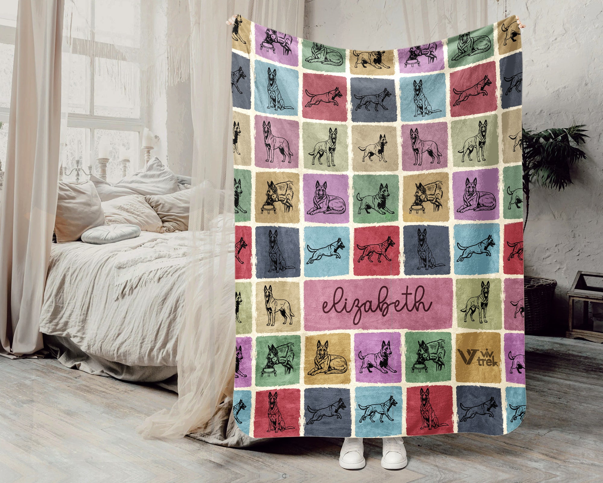 Custom Belgian Malinois Blanket Personalized Name Working Dog Throw Retro K9 Police Dog Gift Unique Cozy Home Decor Accent