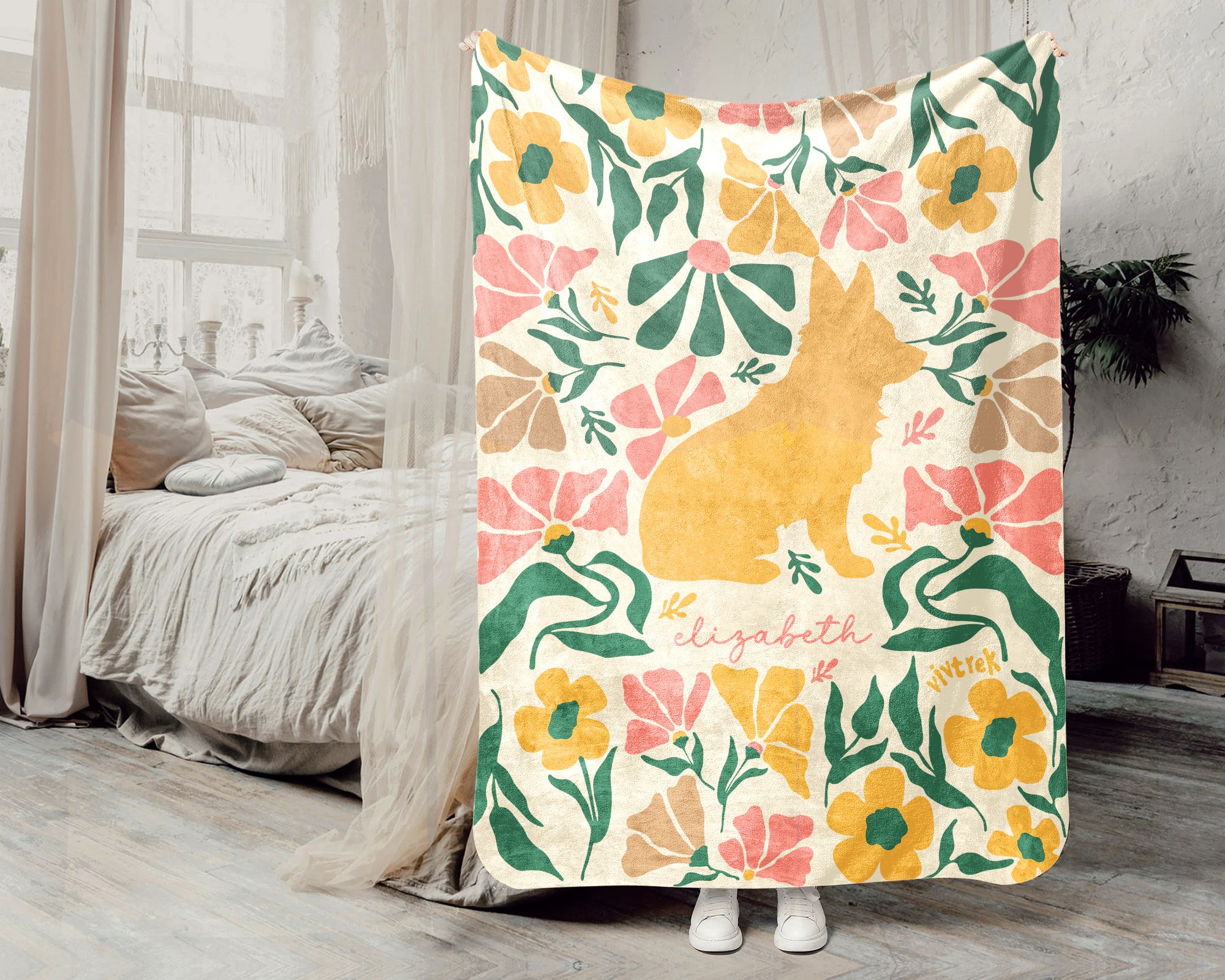 Personalized Name Floral Corgi Blanket, Cozy Dog Lover Throw for Home
