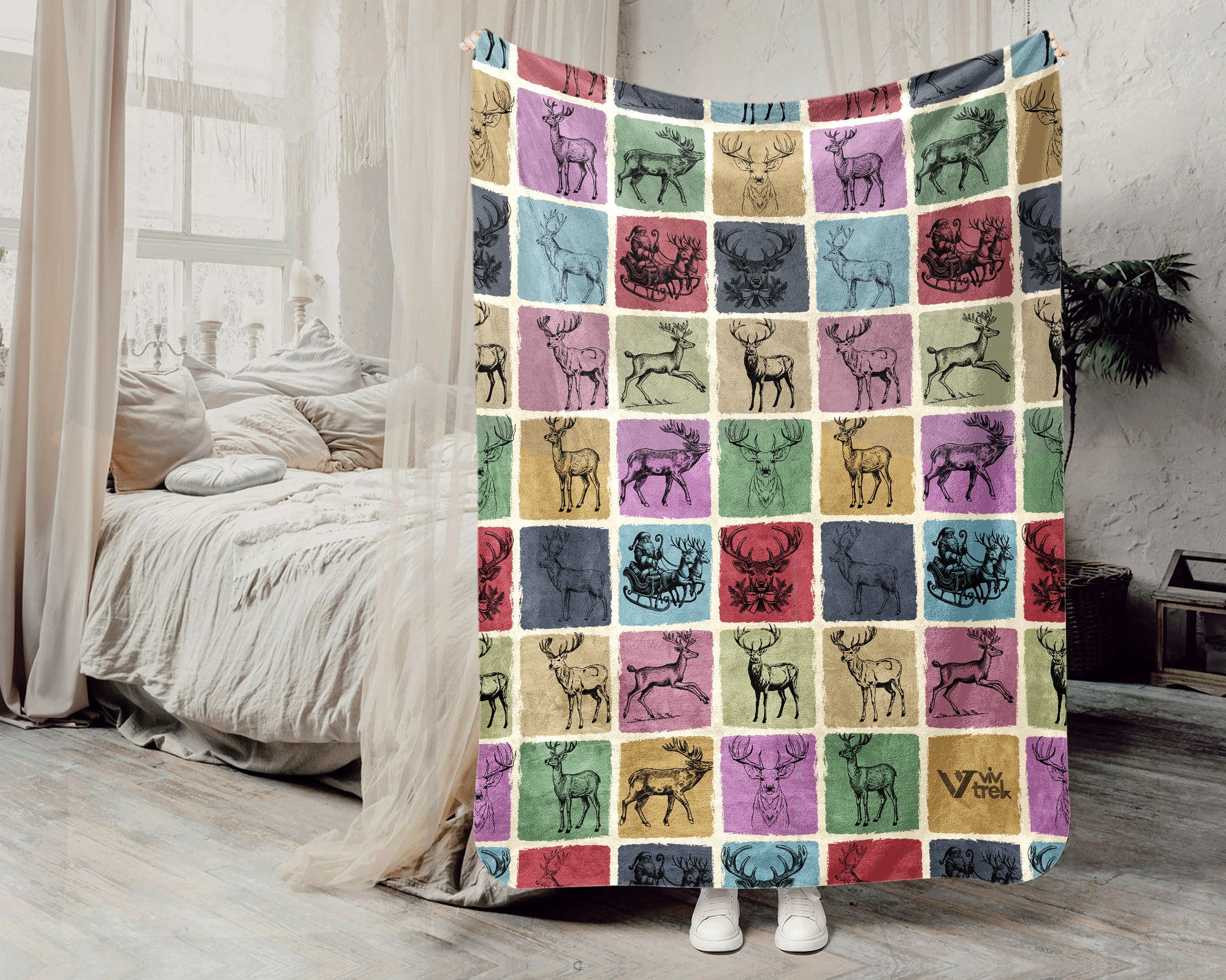 Vintage Reindeer Blanket for Rustic Woodland Decor, Cozy Wildlife Throw Gift for Nature and Cabin Lovers