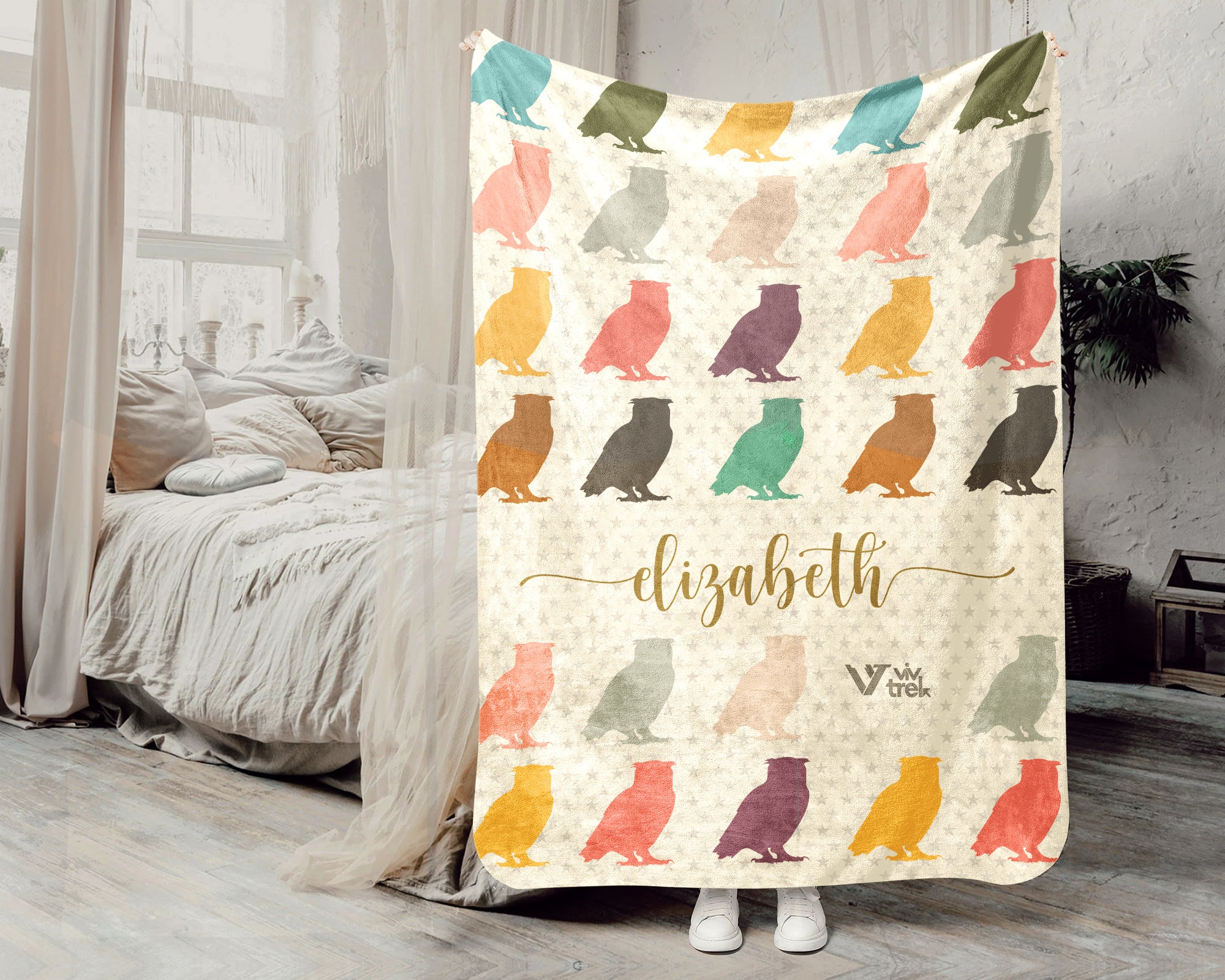 Personalized Name Owl Lover Blanket Custom Retro Bird Throw Cozy Forest Wildlife Fleece Gift Rustic Animal Home Decor Accent Piece