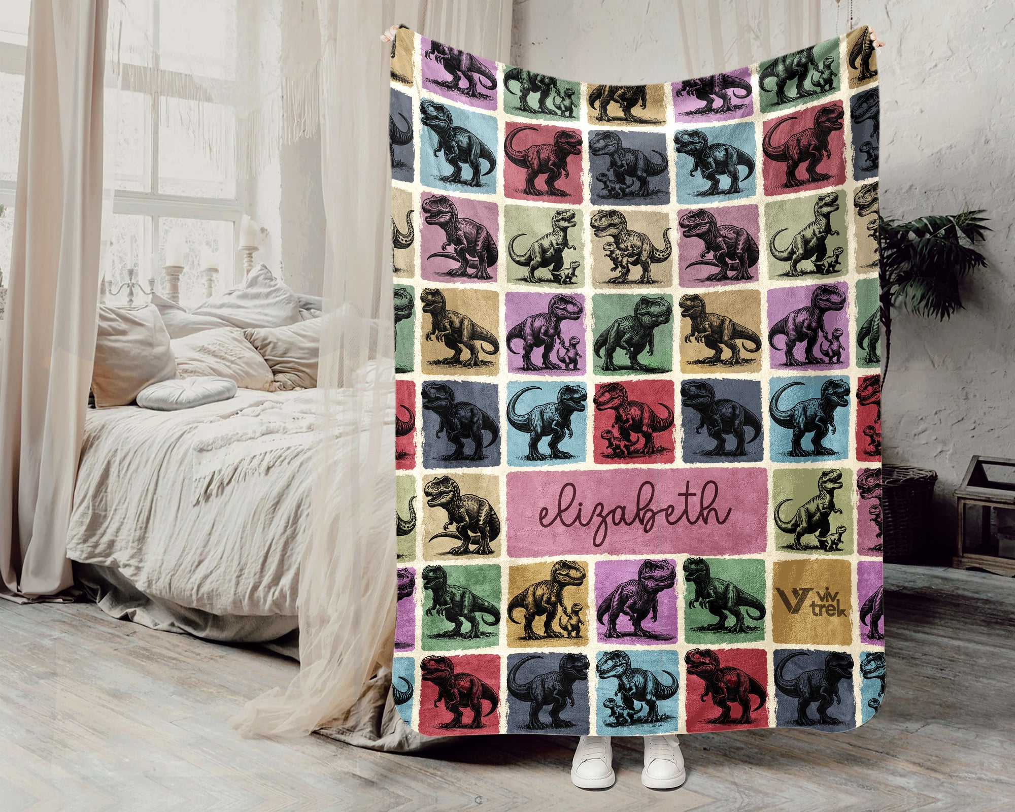 Custom T-Rex Blanket Personalized Name Retro Dino Throw Cozy Tyrannosaurus Decor Unique Prehistoric Gift Fun Room Accent