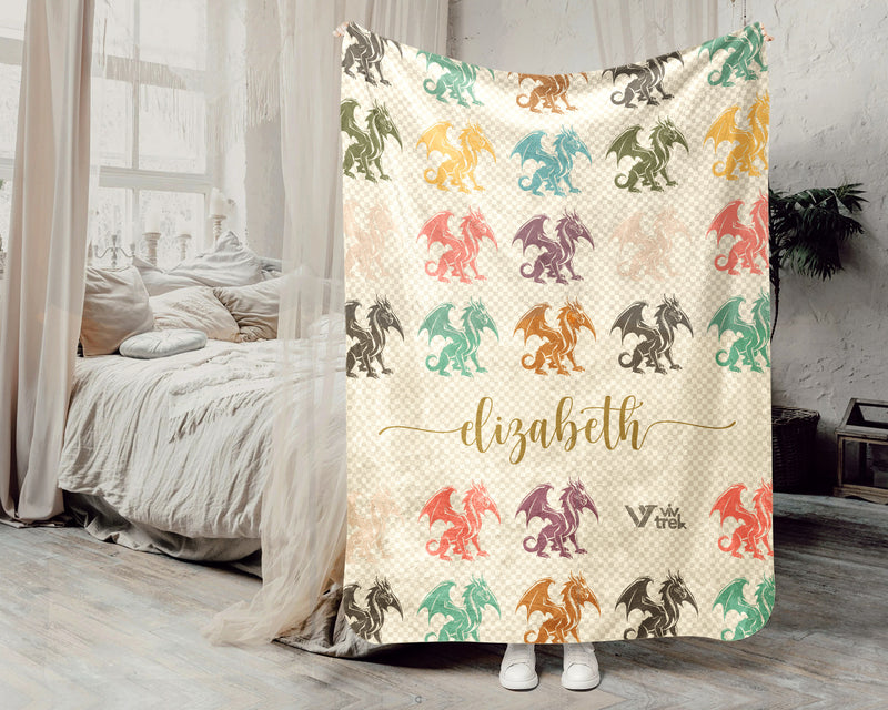 Personalized Dragon Lover Blanket Custom Name Mythical Creature Throw Vintage Fantasy Cozy Dragon Graphic Soft Home Decor Gift, Home Decor