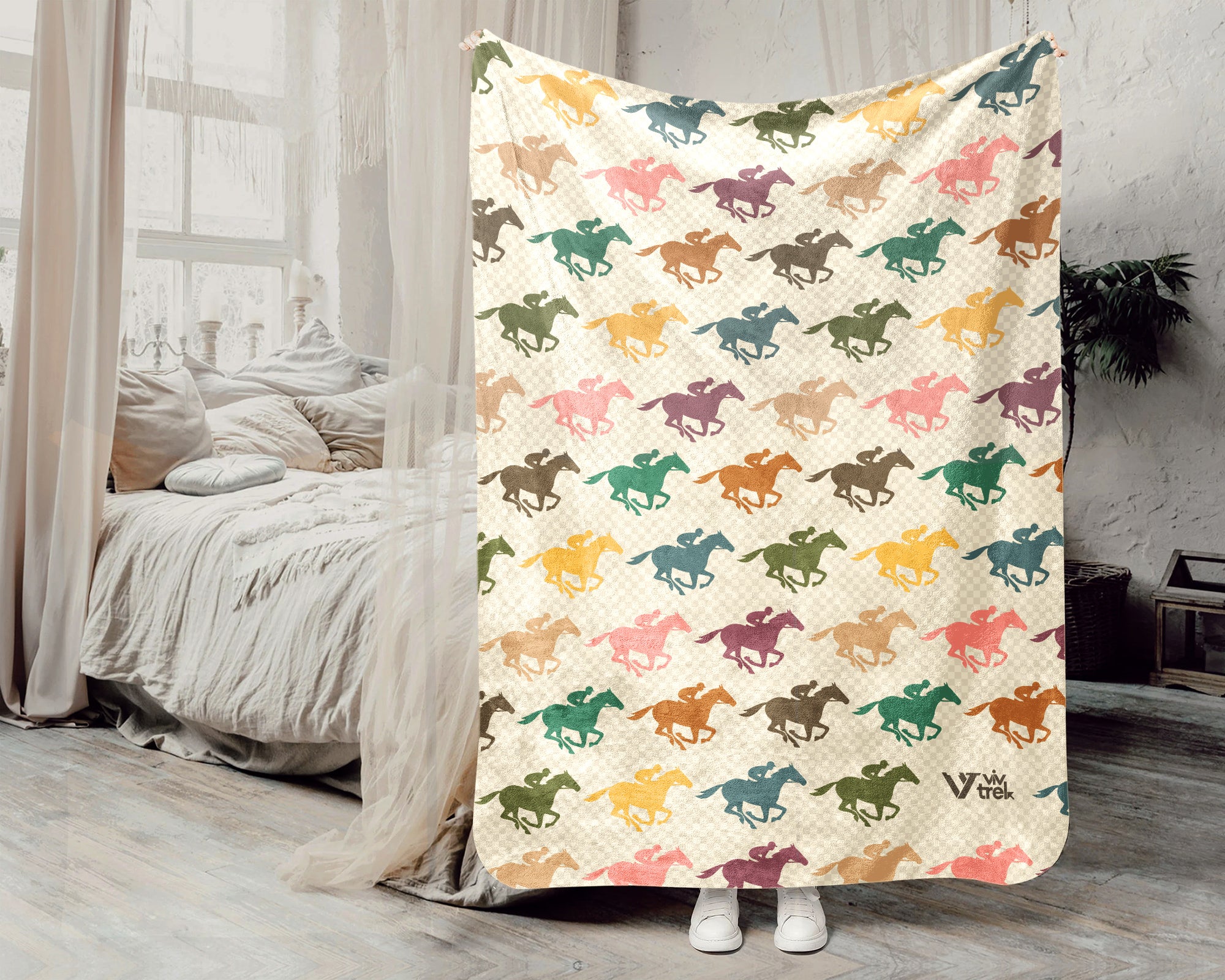 Retro Horse Racing Blanket Cozy Equestrian Throw Race Day Decor Soft Graphic Gift for Jockey Fans and Riders