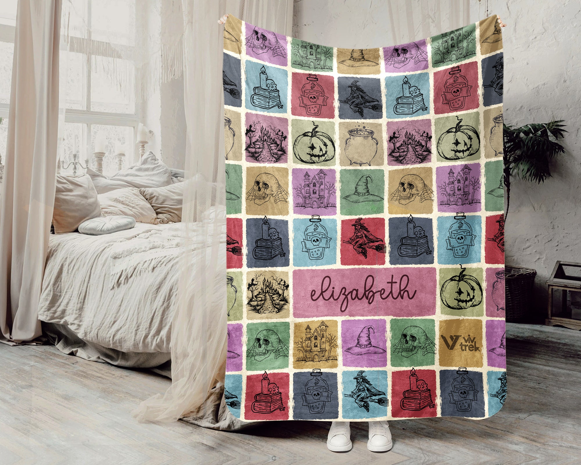 Personalized Name Witch Blanket, Custom Vintage Halloween Throw Gift for Cozy Spooky Decor and Gothic Autumn Home Style Fans