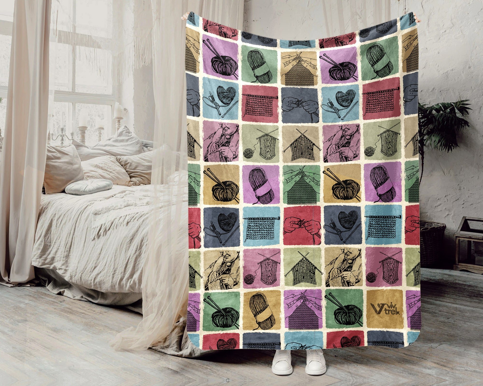 Vintage Knitting Lover Blanket, Cozy Yarn Crochet Throw for Craft Fans, Retro Needlework Inspired Home Decor Gift