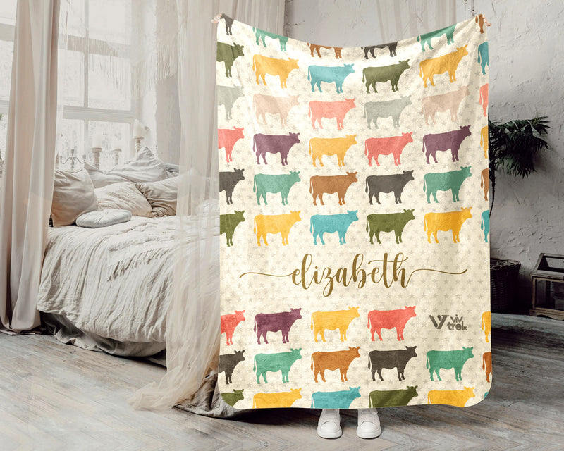 Custom Name Cow Lover Blanket Retro Farm Animal Throw Cozy Personalized Gift Soft Cattle Decor for Dairy Farmer Home