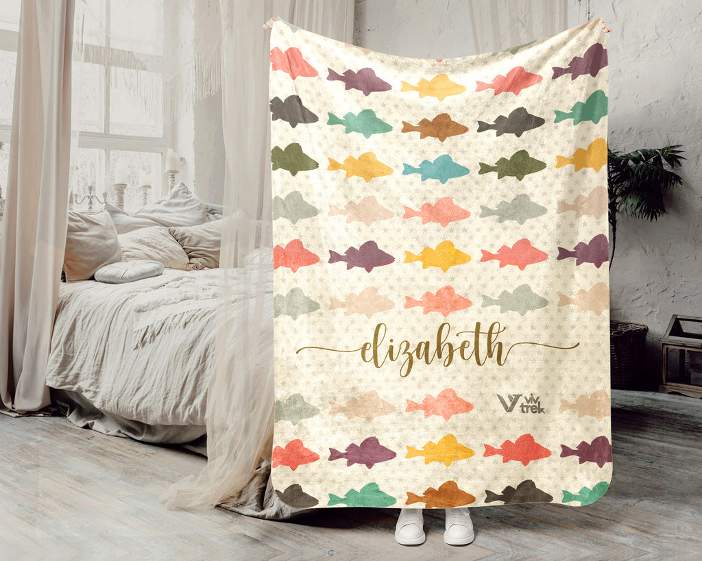 Custom Retro Fishing Blanket, Personalized Fish Lover Throw for Angler Dad Lake Cabin Outdoor Decor and Gifts