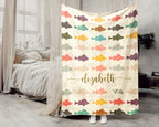 Custom Retro Fishing Blanket, Personalized Fish Lover Throw for Angler Dad Lake Cabin Outdoor Decor and Gifts
