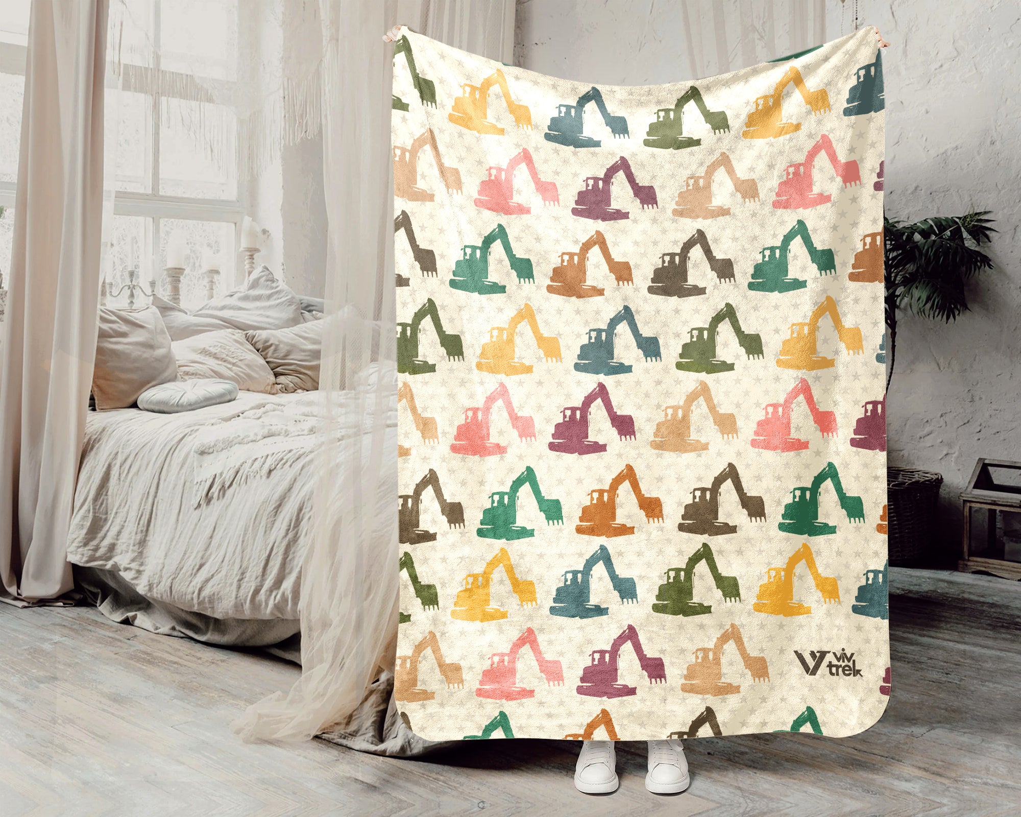 Retro Construction Equipment Blanket, Kids Truck Throw, Bulldozer Crane Loader Cozy Blanket, Vintage Machinery Gift for Boys Girls