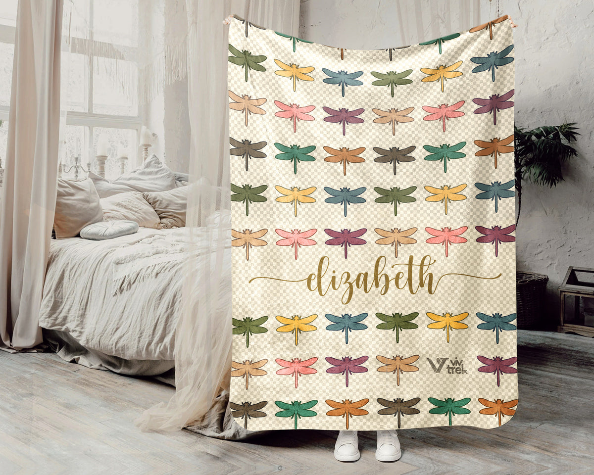 Personalized Dragonfly Throw Custom Name Insect Lover Blanket Retro Winged Bug Design Nature Gift for Her Cozy Home Accent Decor