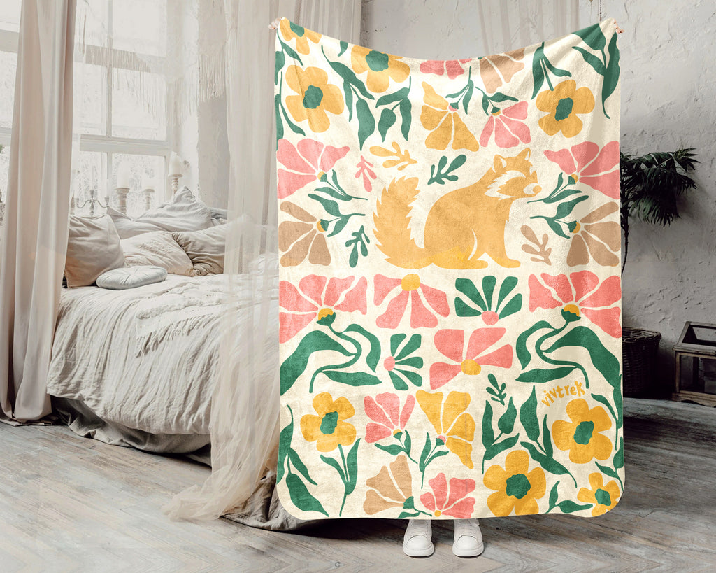Floral Raccoon Blanket – Cozy Vintage Wildlife Throw Gift